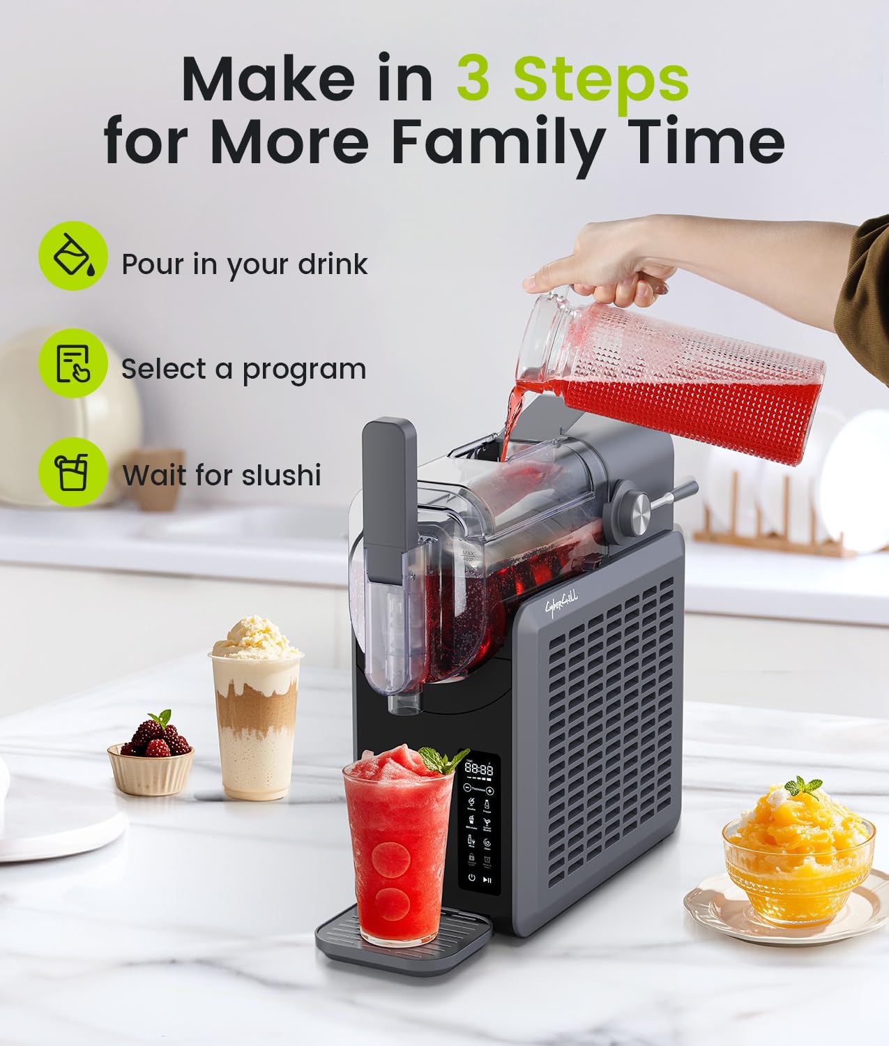 CyberChill Slushie Machine, Slushy Machine for Home with LED Display - 5 Preset Programs & 24H Delay Start&Freshness, No Ice Needed Frozen Drink Maker for Frozen Margaritas, Frappés & Ice Cream