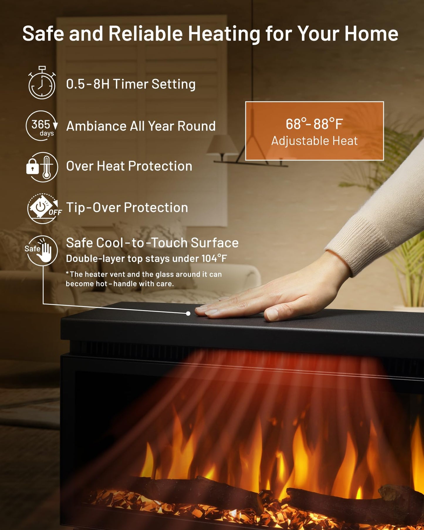WALL SEVEN STAND A2 Grand Mobile TV Stand with FLAMEBAR Electric Fireplace & Shelf | Fits 45–80" TVs | Satin White | 1500 Flame Color Combinations | WiFi Enabled, 750/1500W Heater, Space-Saving Design