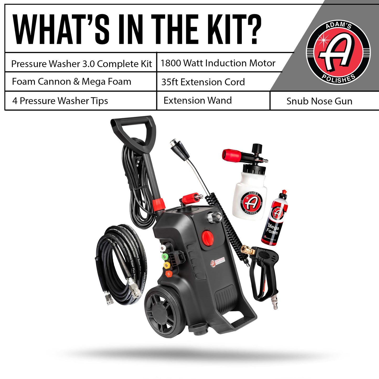Adam's Pressure Washer 3.0 (Complete Kit) - Powerful Car Washing Pressure Sprayer, Includes Snub Nose with Swivel, Extension Wand, Premium Foam Cannon & 16oz Mega Foam Shampoo| 1260 PSI & 1.6 GPM