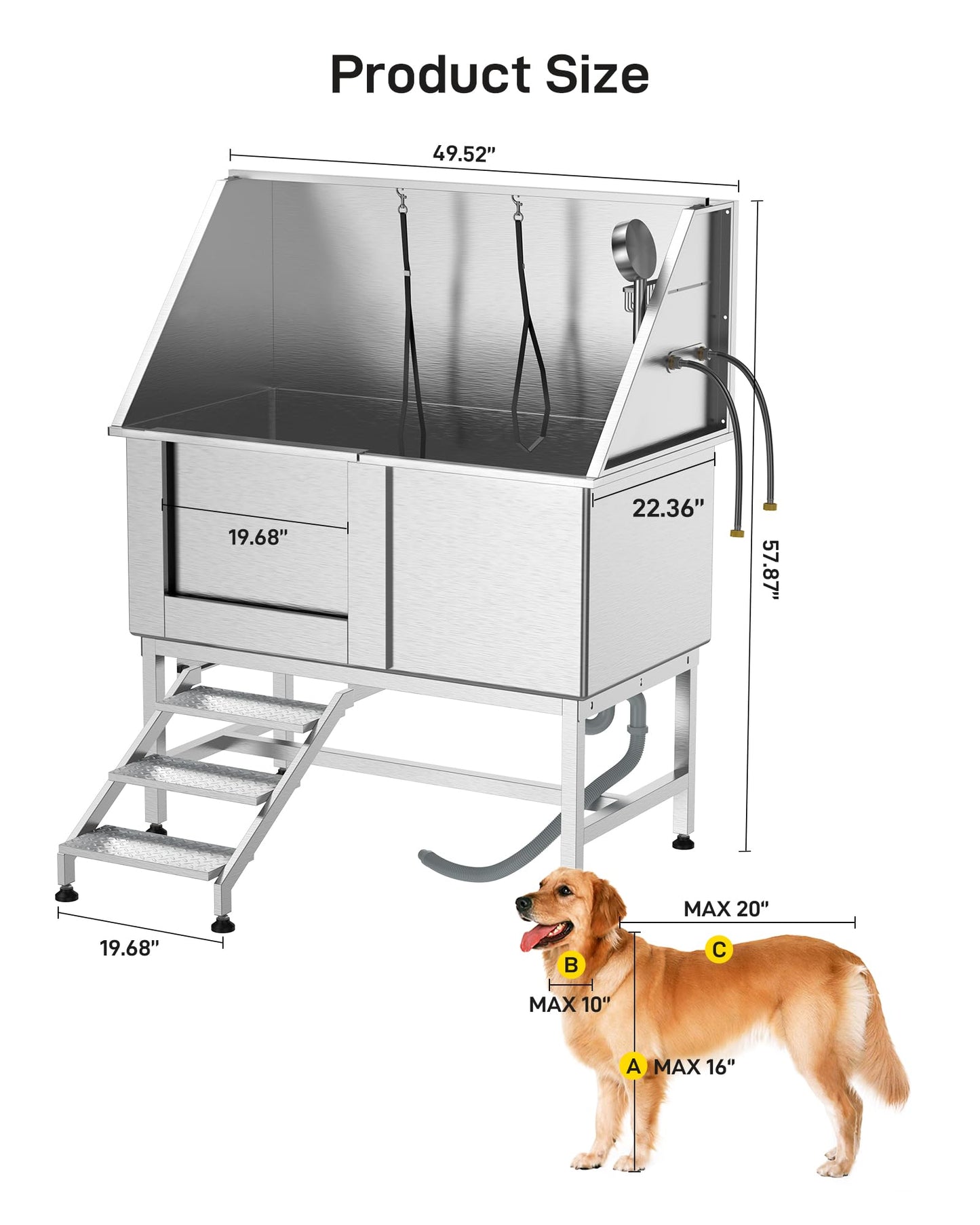 DEXSO 50" Large Stainless Steel Dog Bathing Station, Dog Grooming Bathtub with Faucet, Sprayer, Drain, Left Sliding Door & Retractable Stairs, Professional Dog Bathtub for Home
