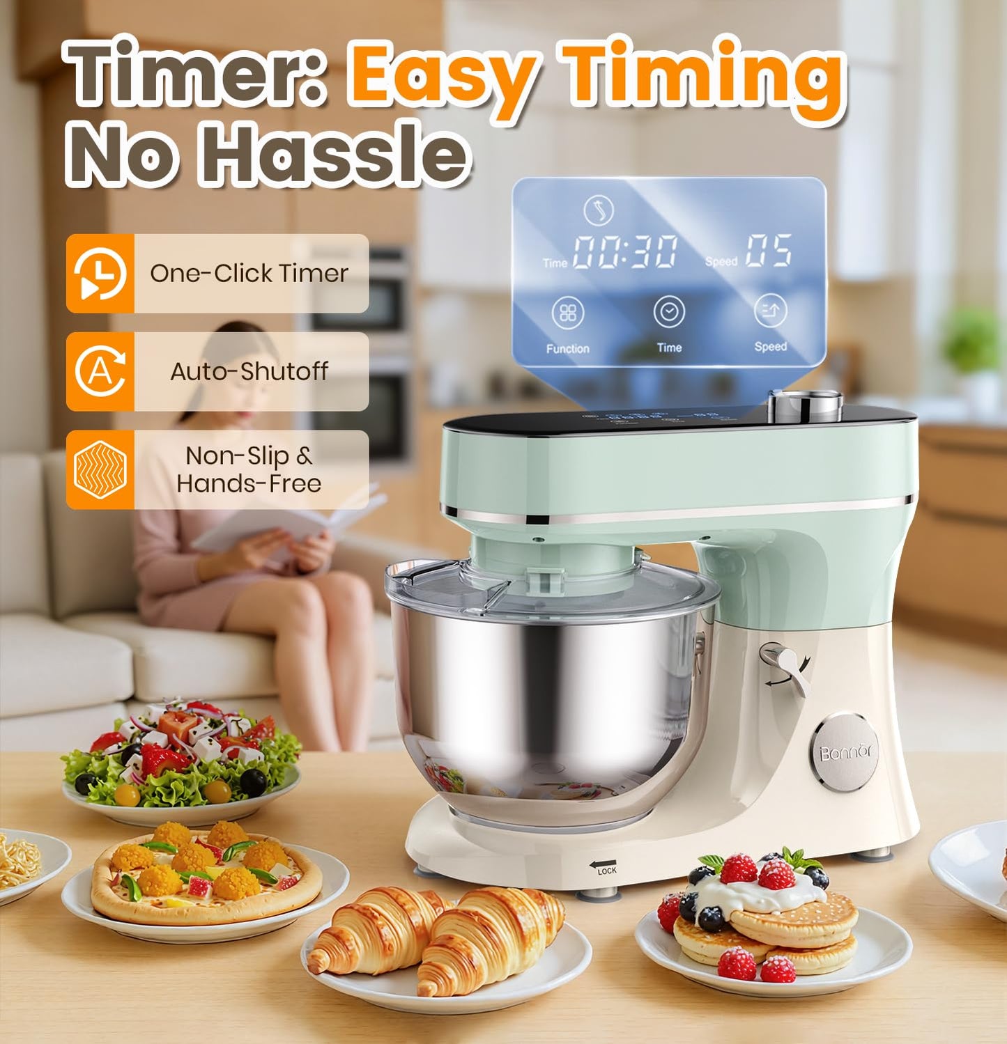 Bonnor Stand Mixer Set, 6QT Kitchen Mixer with LED Touchscreen, 11-Speed Tilt-Head Mixer with Timer, 4 Preset Menus, Stainless Steel Bowl, Hook, Whisk, Beater,Plus 2QT Ice Cream Maker Attachment
