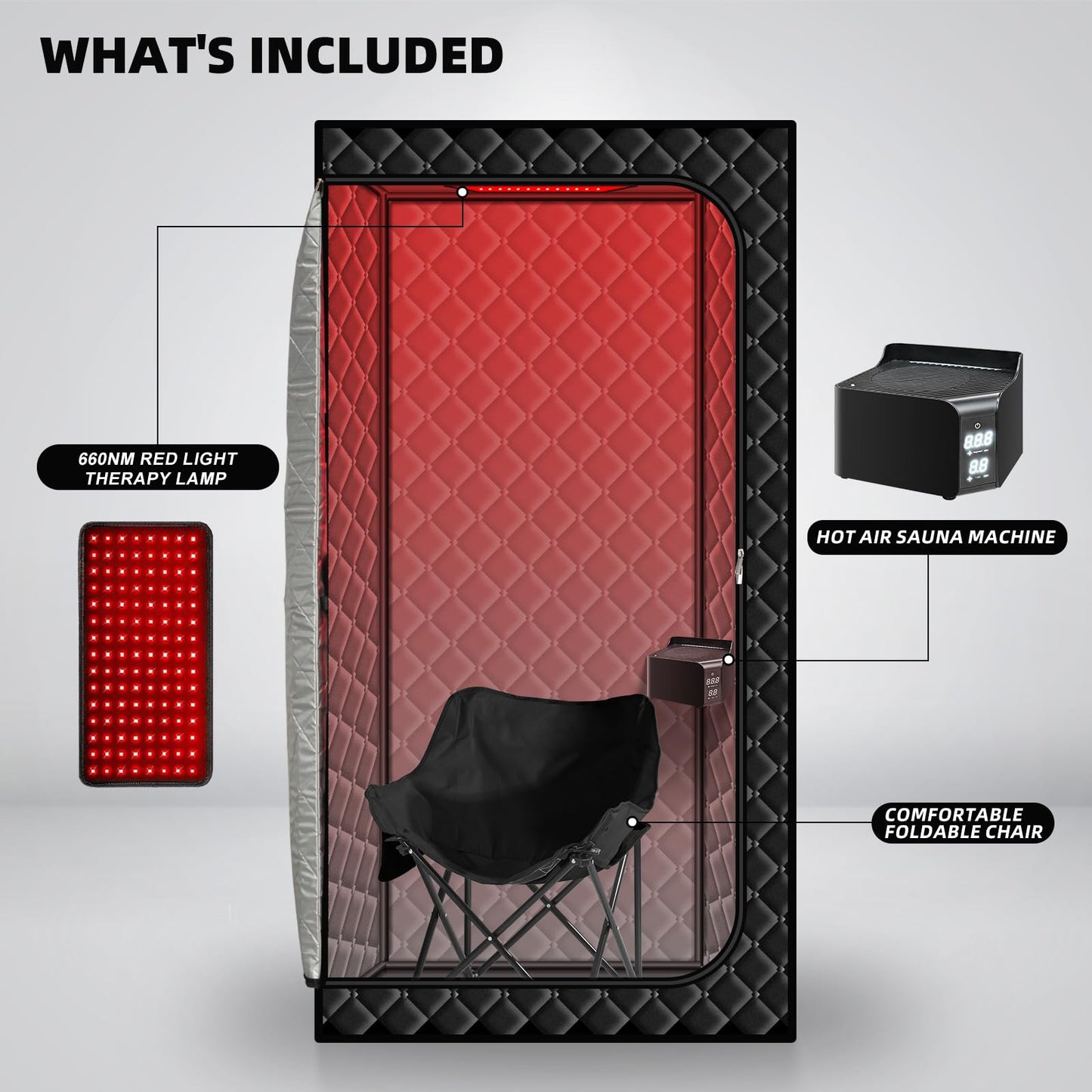 Gollense Hot Air Sauna with 660nm Infrared Red Light Therapy Lamp, Portable Sauna for Home Relaxation One Person Dry Sauna Box, 1500W High Power & 6ft-Tall Personal Tent with Foldable Chair, Black