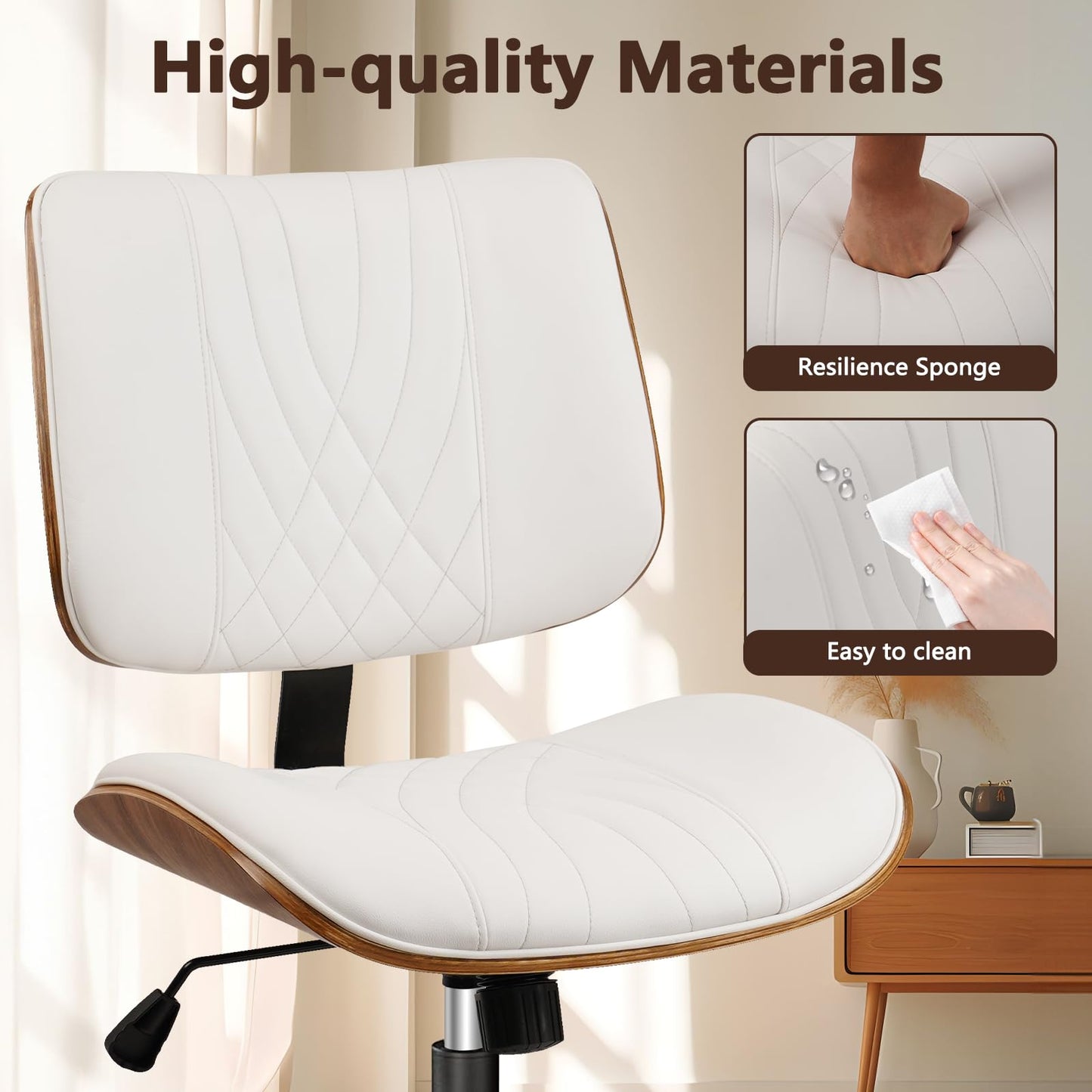 CLATINA Armless Home Office Chair, Desk Chair with Wheels, Adjustable Height Reading Chair, Leather Mid Back & Swivel Computer Chair, Modern Walnut Chairs with Back for Studio Meeting Room(White)