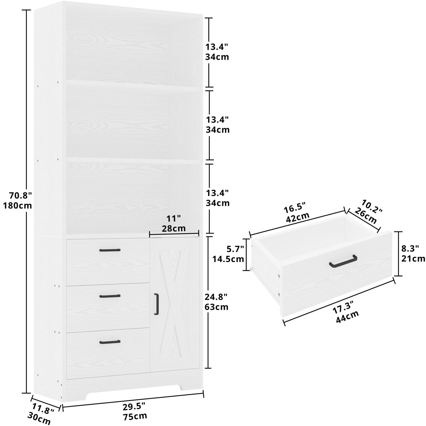 IRONCK Bookshelf with Door and 3 Drawers, 71in Tall Bookcase Shelf with 3-Tier Shelves, for Bedroom Living Room Entrance Hallway Home Office