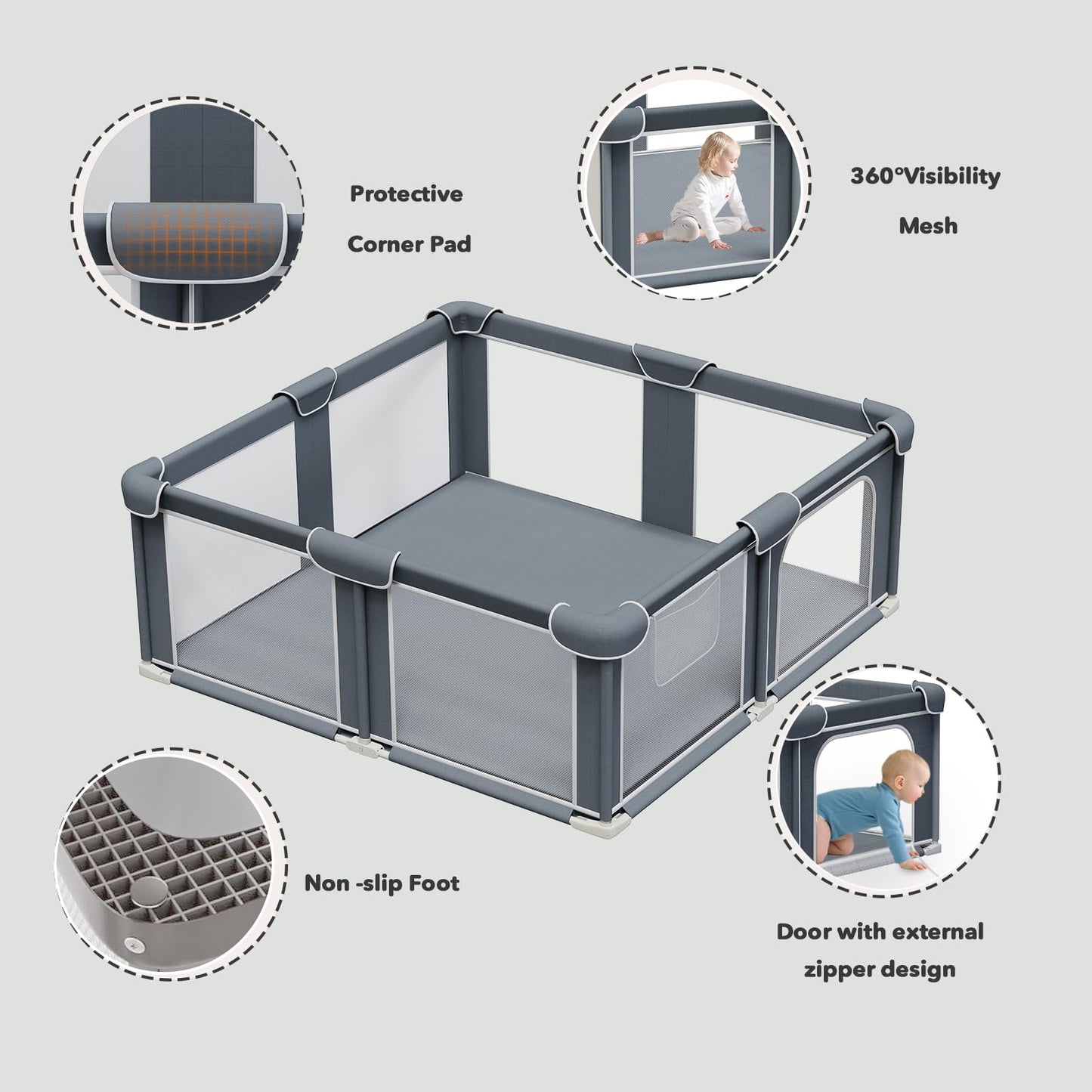 G TALECO GEAR Foldable Playpen for Babies and Toddlers, 50"x50" Portable Play Yard with Mat, Kids Collapsible Play Pen with Sturdy Metal Frame & Mesh Walls, Indoor & Outdoor Baby Fence Play Area