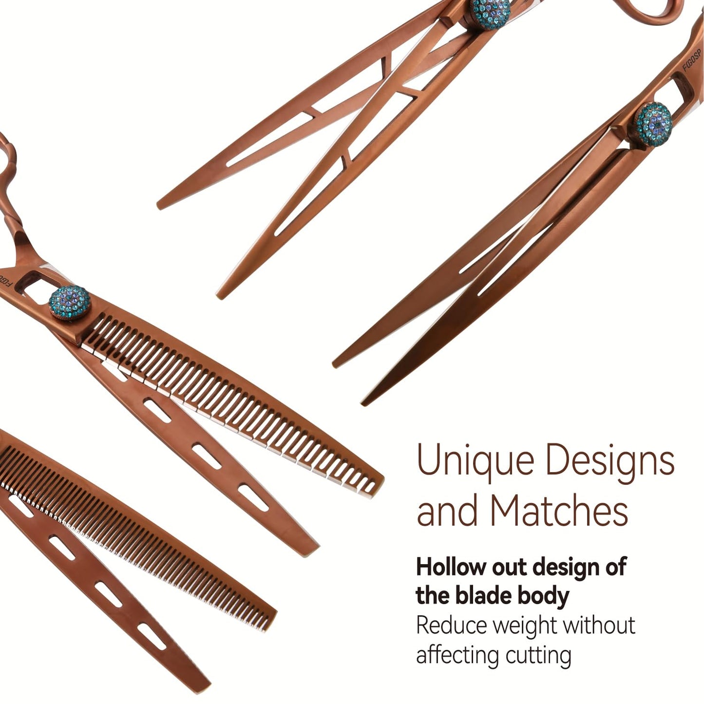 FOGOSP 7'' Dog Grooming Scissors Set 4PCS Curved Thinning Straight Chunkers Shears Kit with Hollow Out Design Ergonomic Offset Handle High Cobalt Alloy Steel Sharp and Durable(7, Chocolate Kit)