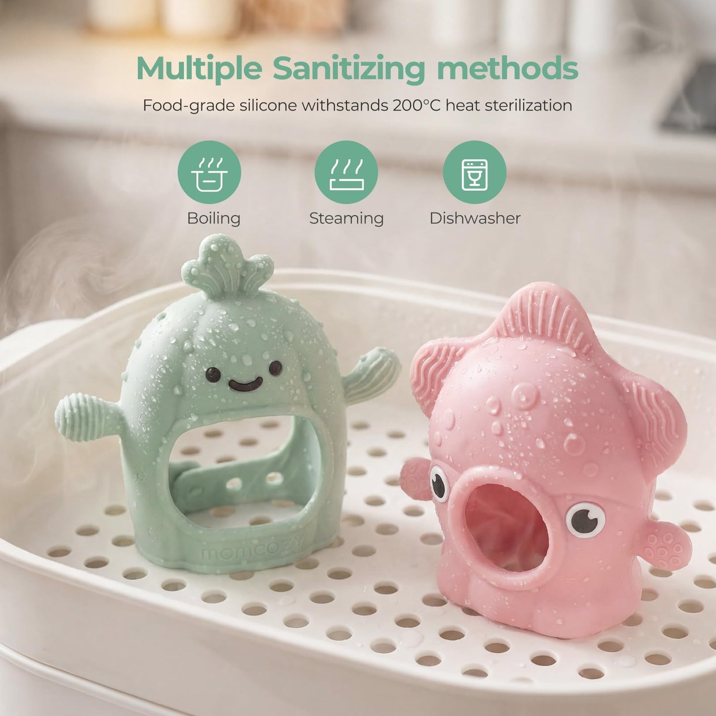 Momcozy 2 Pack Baby Teething Toys, Food Grade Silicone Baby Teether for 0-6 6-12 Months, Anti-Drop Wrist Mitten Set, Baby Essentials Teething Relief, 200°C Sterilizer Safe， Pink & Mint Green