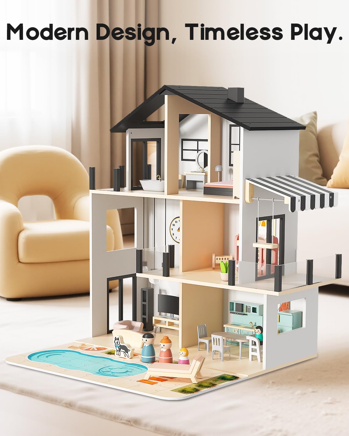 BIERUM Wooden Dollhouse, Large Modern Doll House with 44Pcs Furniture Accessories, Dolls & Pets, DIY Puzzle Pool Yard, Wood Dollhouse Toy for Toddlers 3+, Ideal Gift for Boys and Girls (Black)