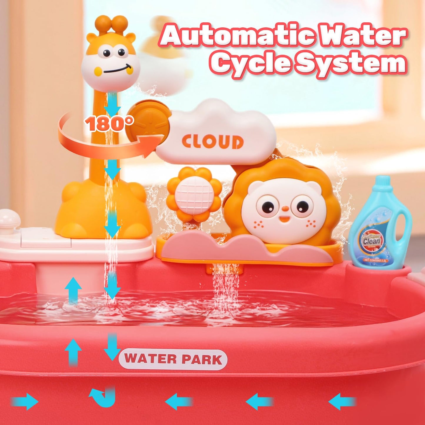HOLYFUN Play Kitchen Sink with Running Water, Water Table Toy, Sink Toy with Functional Faucet, Play Food, Pots & Pans Kitchen Accessories, Realistic Pretend Play Gift Set for Toddlers and Kids (Pink)