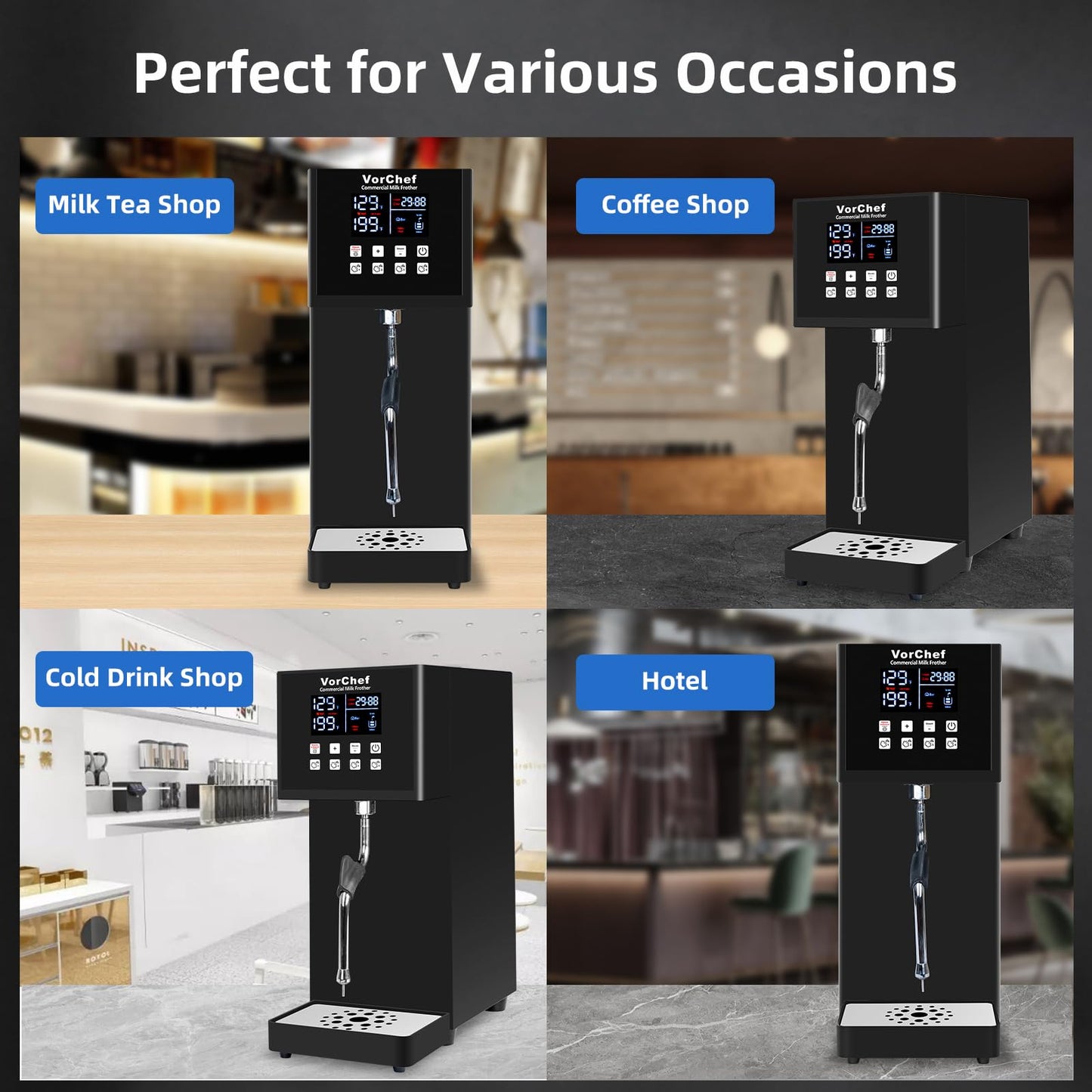 VorChef Commercial Milk Frother, 2200W 110V Automatic Steam Machine Electric Steam Milk Frothing Machine Coffee Milk Foam Machine Steamer for Tea Coffee Shop Black