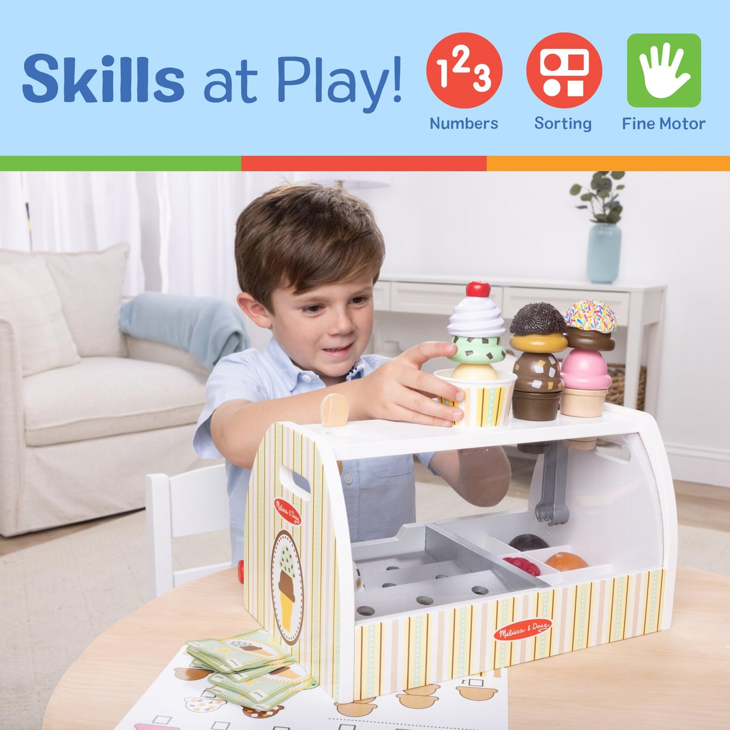 Melissa & Doug Wooden Scoop & Serve Ice Cream Counter, Pretend Play Store, 28 Toy Food & Play Kitchen Accessories, Preschool Toys for Girls & Boys 3+