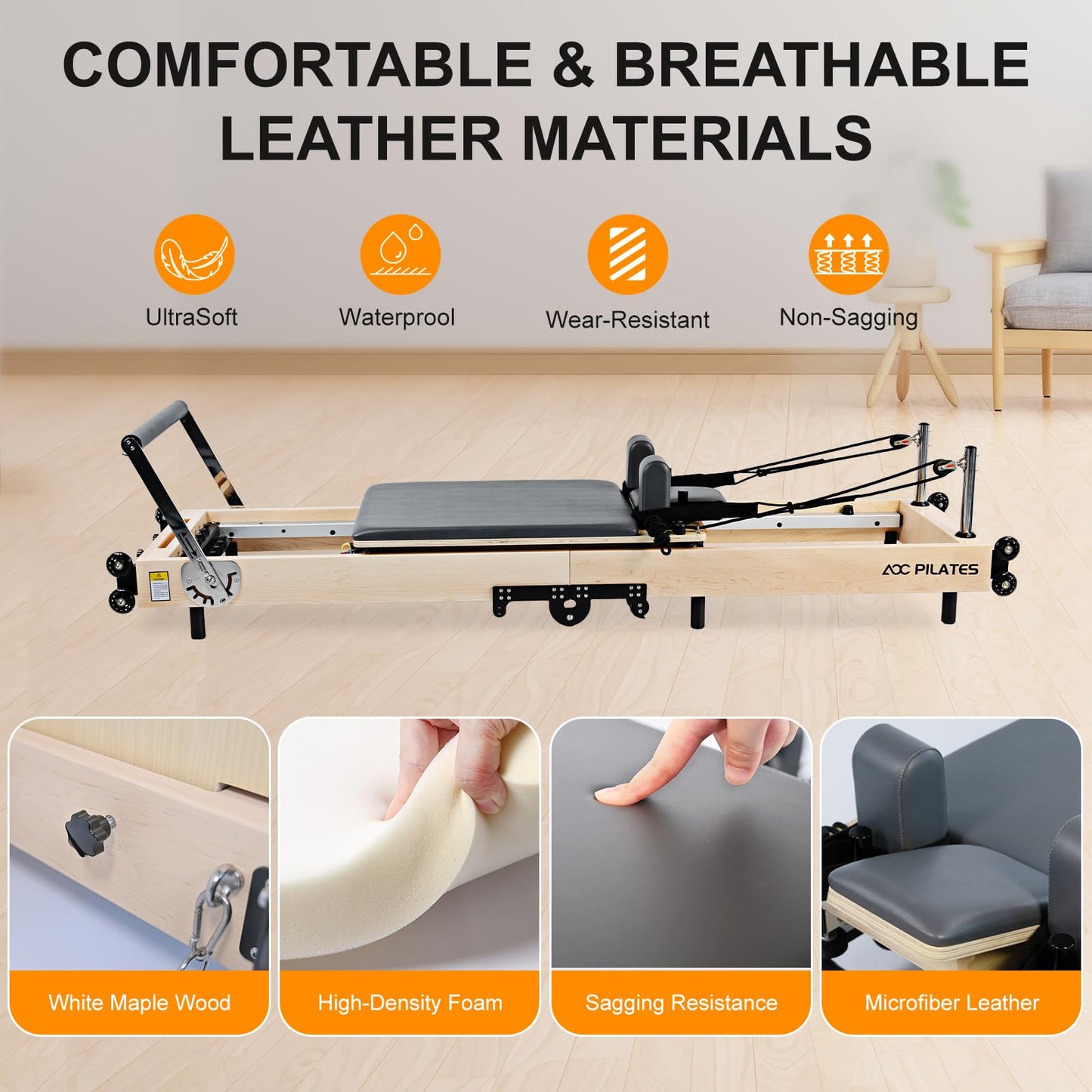 AOC PILATES Pilates Reformer, Wooden Foldable Pilates Reformer Machine with 6 Springs, Box, Padded Jump Board, 660lbs Capacity for Home Workouts Studio Gray