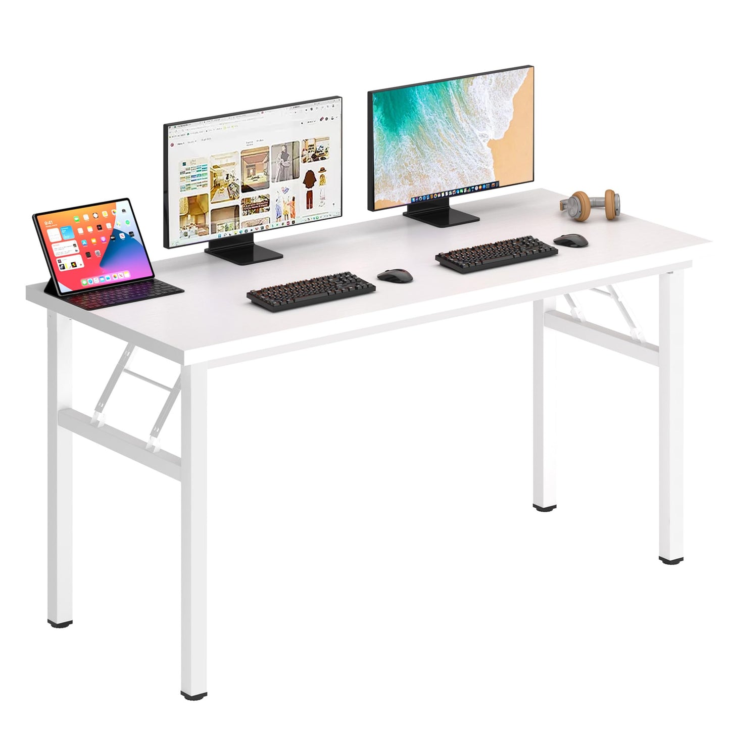 DlandHome Computer Desk 62 inches Office Desk Computer Table Study Writing Desk Workstation for Home Office Metal Frame No Install Needed White and White