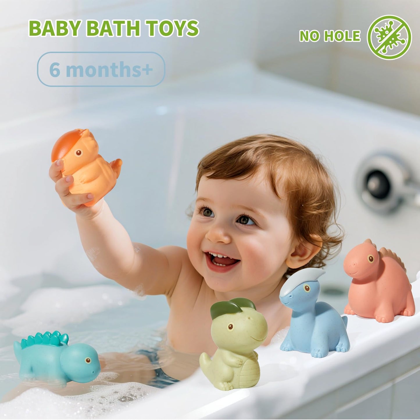 AMCHSURI Mold Free Bath Toys, Dinosaur 9 Pack |Cute, Not Hold Water Design | Soft, Squeezable & Float on Water | Safe Non-Toxic Easy-Grip Bath Toys Toddlers 2-4 | Great Baby Bathtub Pool Water Toys