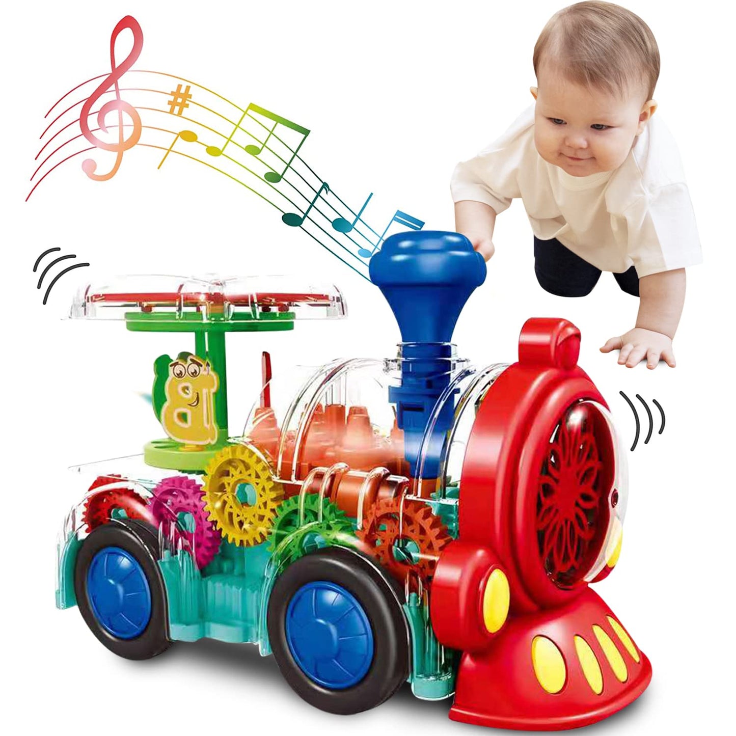 Tooty Toy Transparent Sensory Train Toy -Interactive Light up Toys for Kids- Musical Train Toys with LED Light for Toddlers- Colorful Moving Gears- Tummy Time Crawling Baby Toy