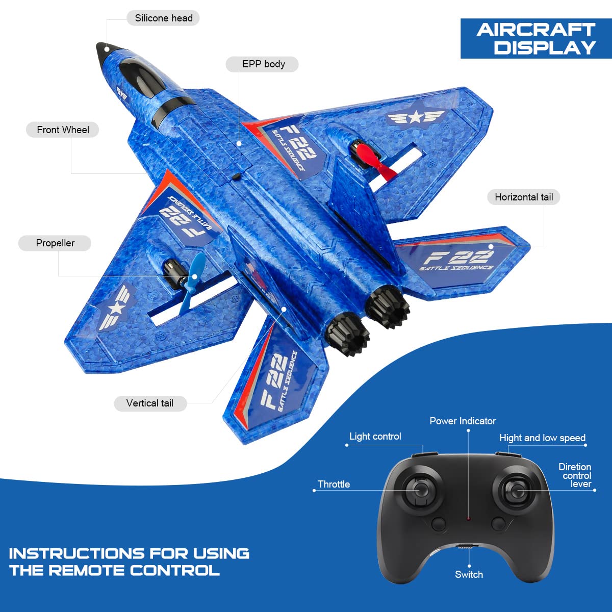 RoofWorld RC Plane, F22 RC Airplane Fighter Ready to Fly, 2.4Ghz 2 Channel Remote Control Plane, RC Airplanes Toy for Boys Girls Kids Beginners
