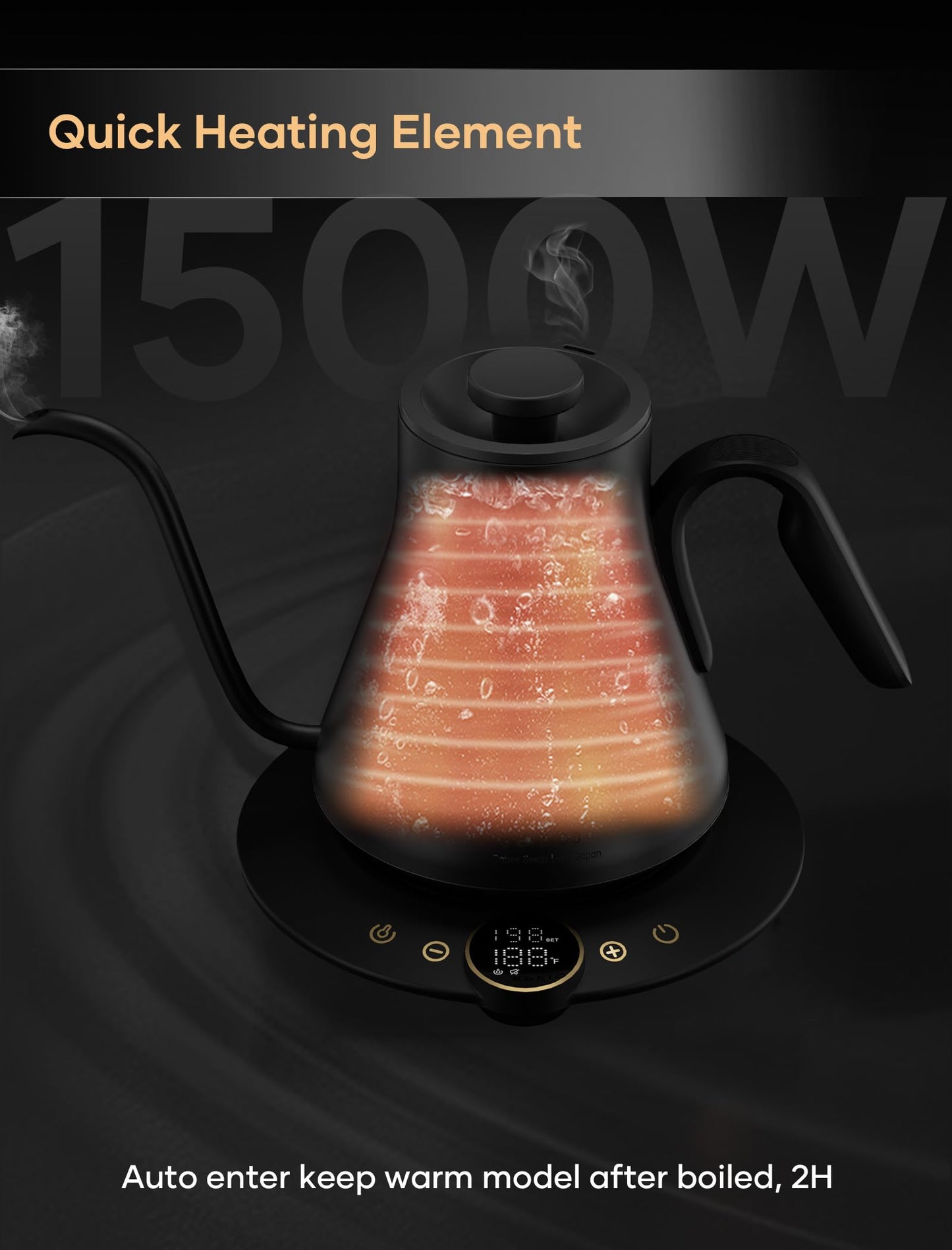 INTASTING Electric Kettle, Gooseneck Electric Kettle, ±1℉ Temperature Control, Stainless Steel Inner, Quick Heating, for Pour Over Coffee, Brew Tea, Boil Hot Water, 1500W/0.9L Black