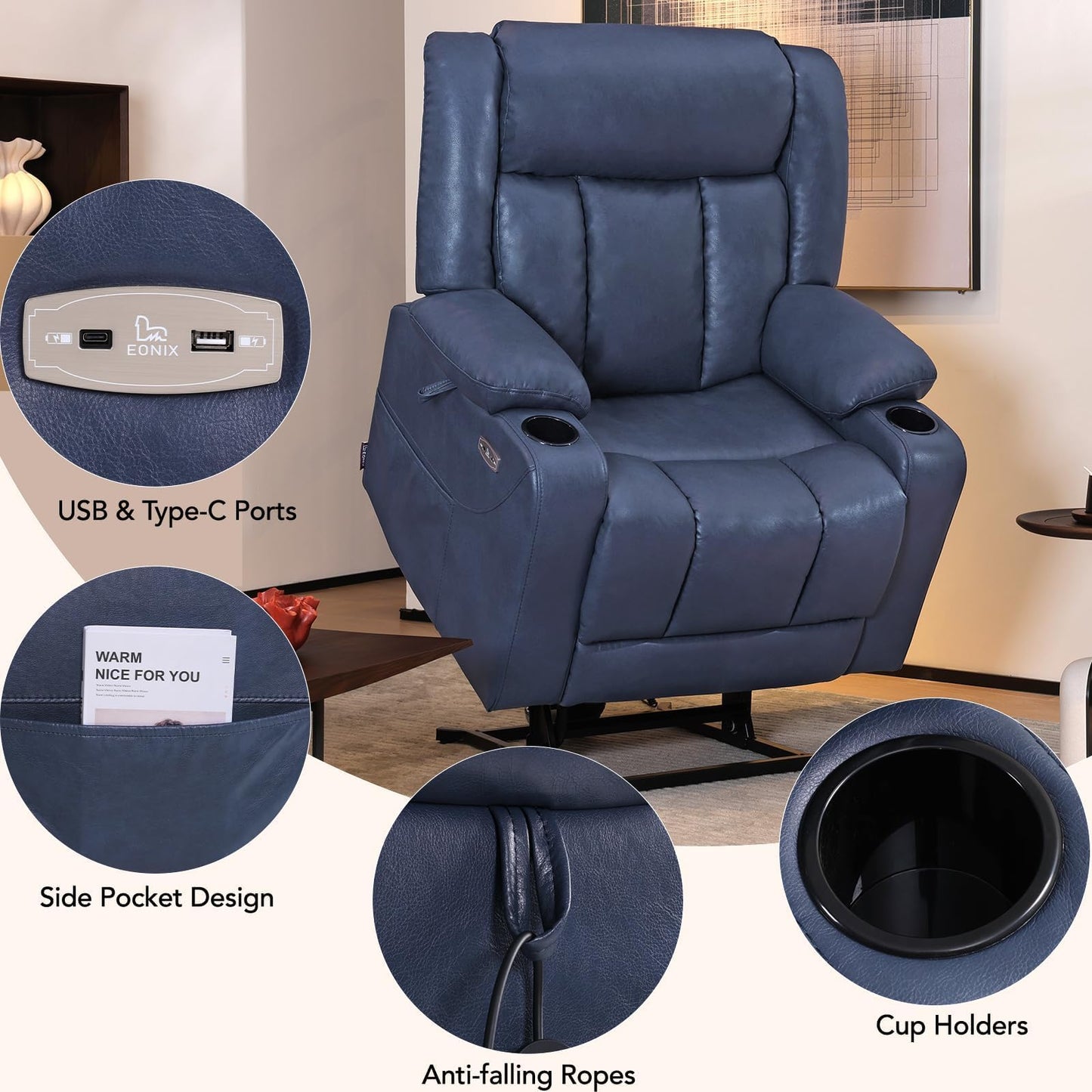 EONIX Dual Motor Oversized Power Lift Recliner Chair for Elderly, 400lbs Heavy Duty Faux Leather Recliner with Massage and Heat, Big and Tall Lay Flat Lift Chair with Cup Holders, SLRY006, Navy Blue
