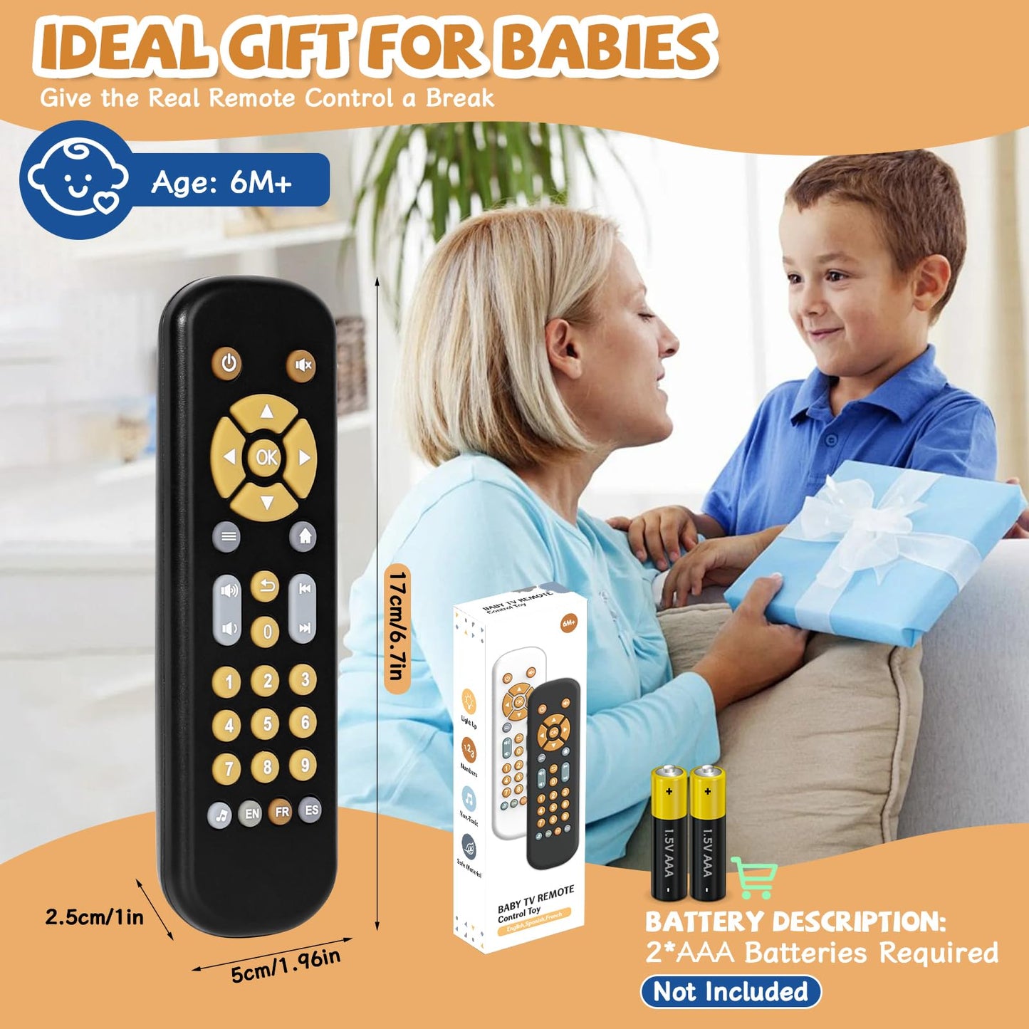 Orzbow Baby Remote Control Toy for 6 Months+ with Music, TV Remote Toy with Realistic Light and Sound - English, French and Spanish for Infant Play - BPA Free, Black