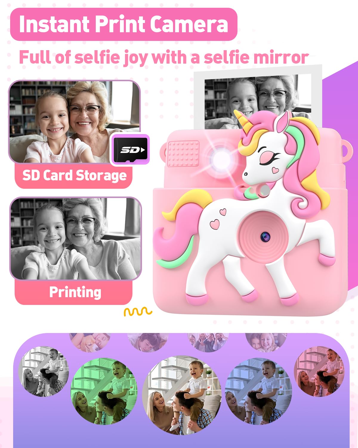 Kids Camera Instant Print with Silicone Cover, Creative Gifts for Girls Age 4-12 Birthday Christmas, 1080P Digital Camera Toy with Memory Card - Pink
