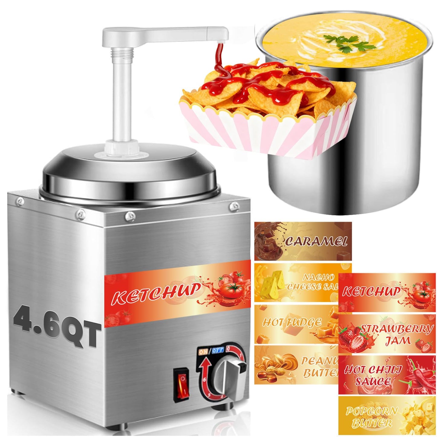 Nacho Cheese Dispenser 4.7Qt Nacho Cheese Warmer Commercial Hot Fudge Dispenser for for Cheese Caramel, with 2 Pumps and 8 Stickers