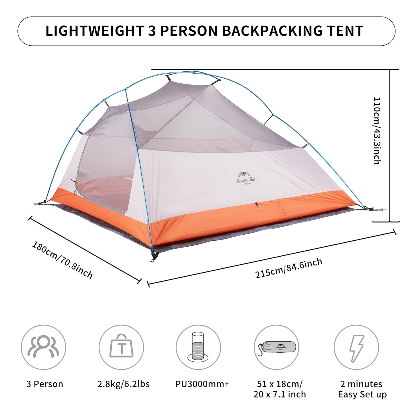 Naturehike Cloud-Up 3 Person Lightweight Backpacking Tent with Footprint - 3 Season Free Standing Dome Camping Hiking Waterproof Backpack Tents