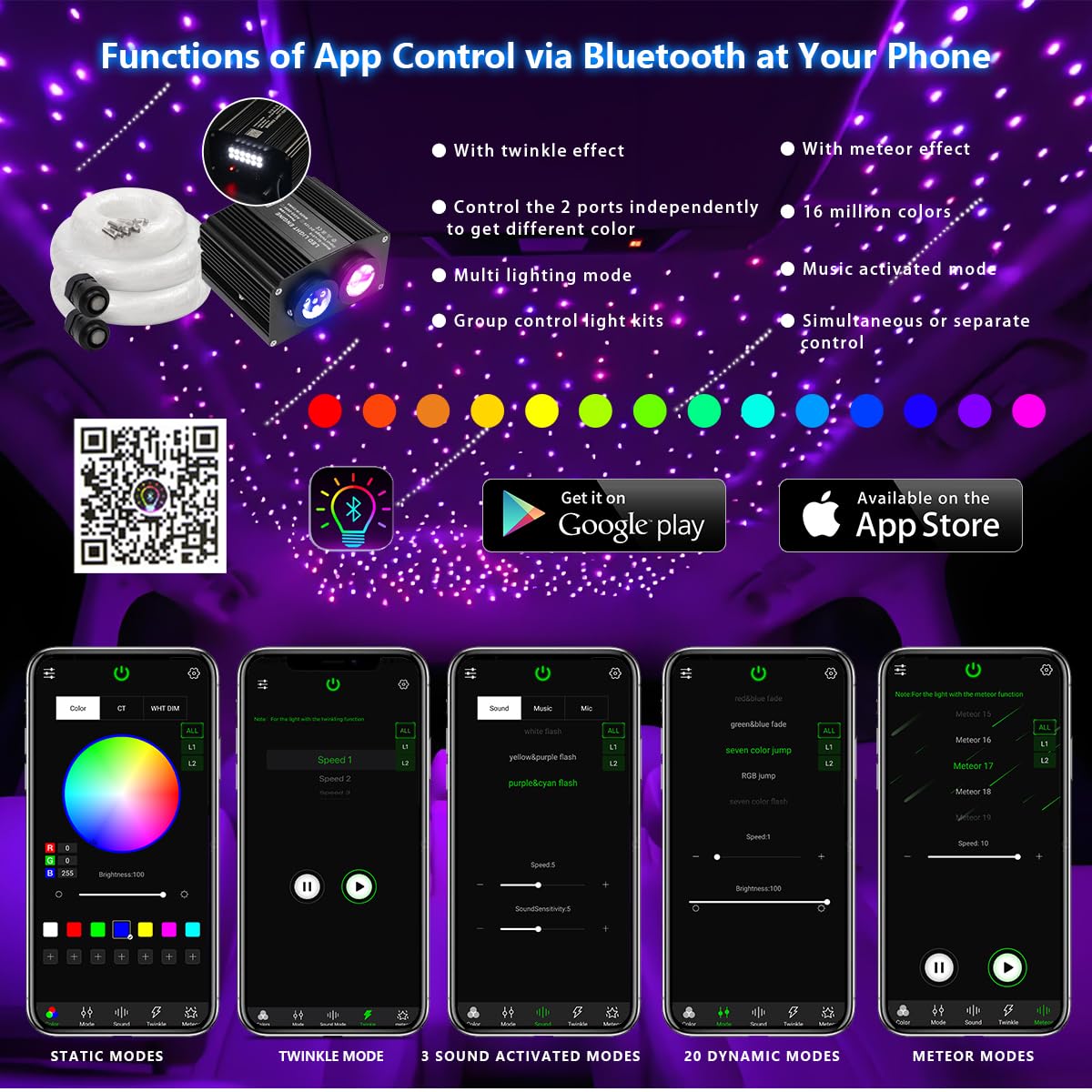 AKEPO Dual Color Twinkle+Shooting Star All-in-one Fiber Optic Lights, 1200pcs+240pcs Meteor Fibers in 0.03in 9.8ft 18W APP/Remote Control Car Home RGBW Sound Activated Starlight Headliners Kit