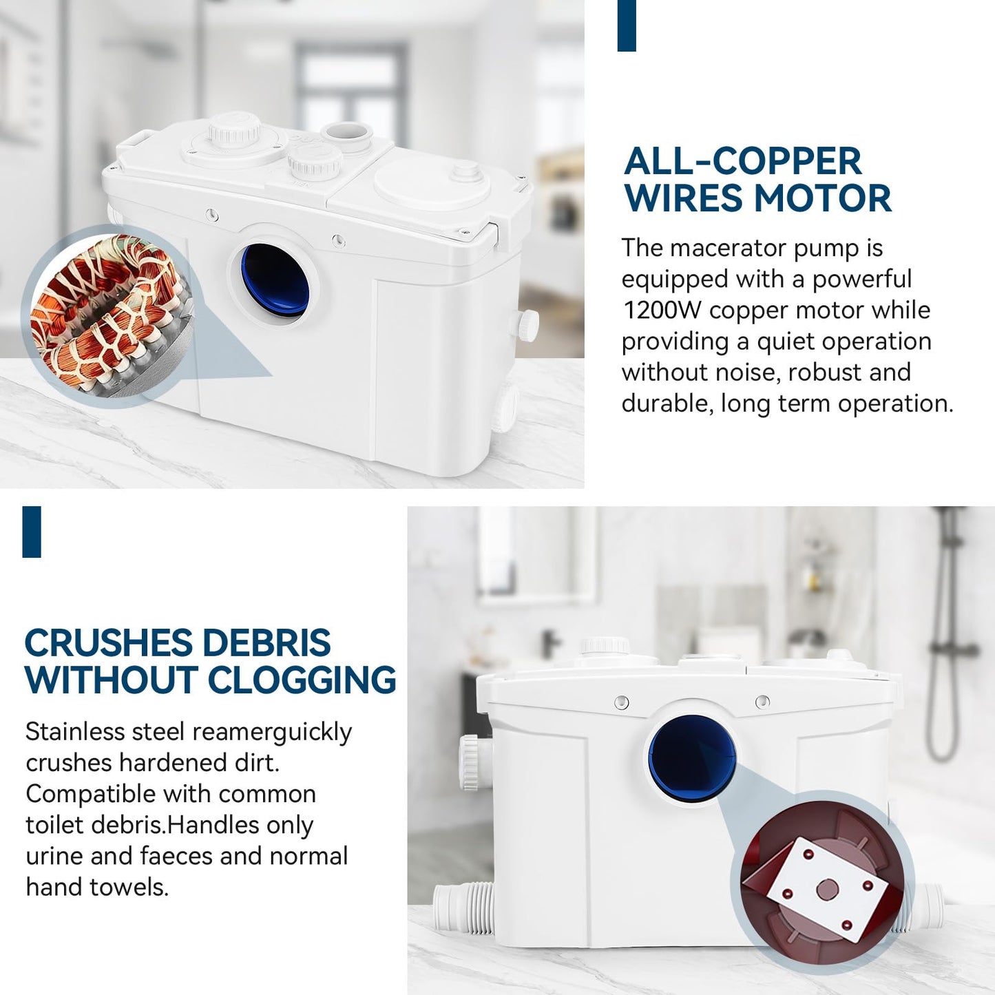 1200W Macerator Pump with PCB Function Toilet Pump Utility Sink Pump Upflush to 39.4FT 2800GPH Macerating Toilet System with 5 Water Inlets 2 Outlets for Toilet Sink Shower Laundry Kitchen Basement