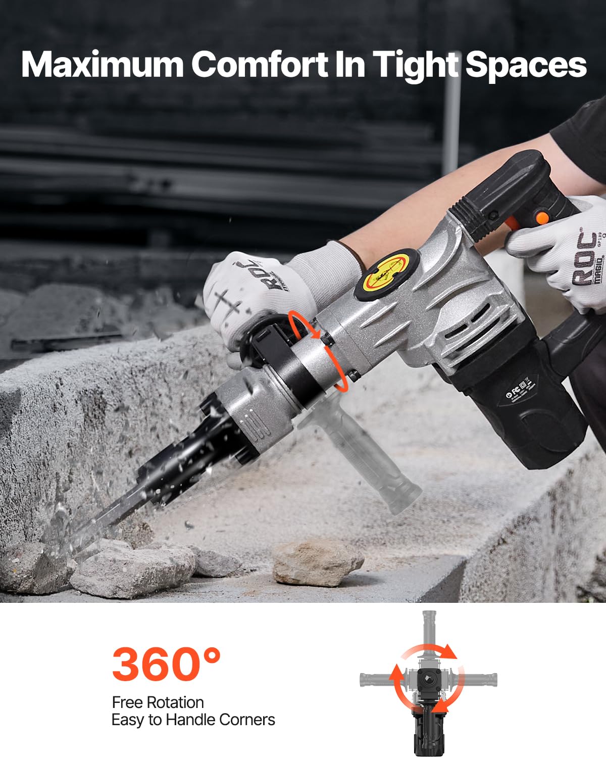 VEVOR 3500W Electric Demolition Hammer, 1900 BPM Durable Jack Hammer, Concrete Breaker with 2 Chisels, Gloves, and a 360° Rotatable Handle for Efficient Trenching, Black
