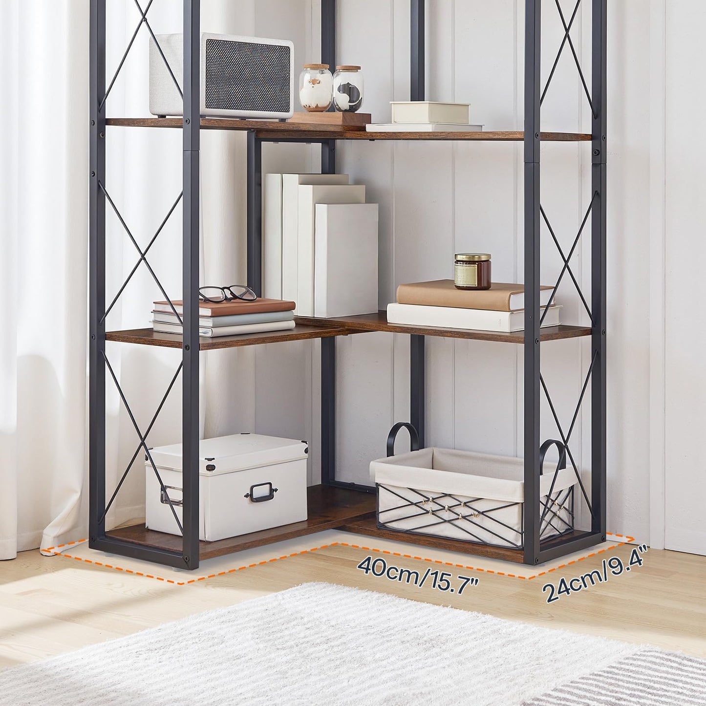 HOOBRO Corner Bookshelf, 5-Tier Industrial Corner Bookcase, Open Display Storage Rack, Vertical or L-Shaped, for Office, Living Room, Bedroom, Rustic Brown and Black BF66SJ01