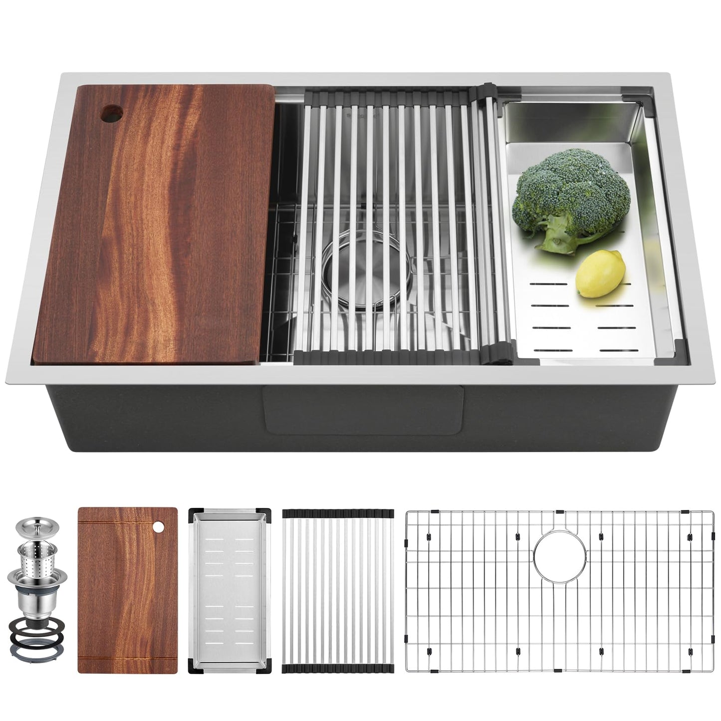 Suncano 30 Inch Undermount Kitchen Sink Workstation, Stainless Steel Handmade 10”Deep Large Single Bowl Undermount Sink 30x19 with Accessories (Brushed)