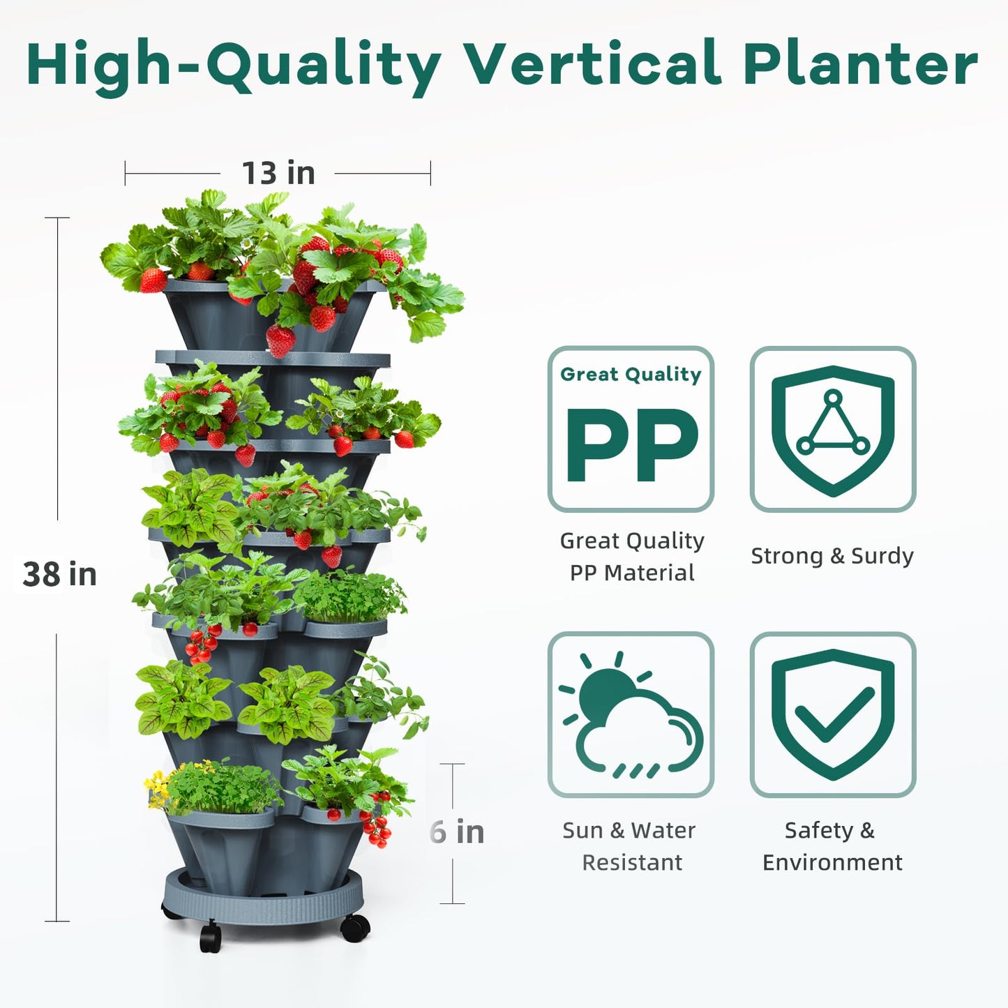 Tectsia Strawberry Vertical Planters Tower Garden 3 Pack, 7 Tiered Stacking Herb Vegetable Planter with Support Pole Indoor and Outdoor - Dark Grey