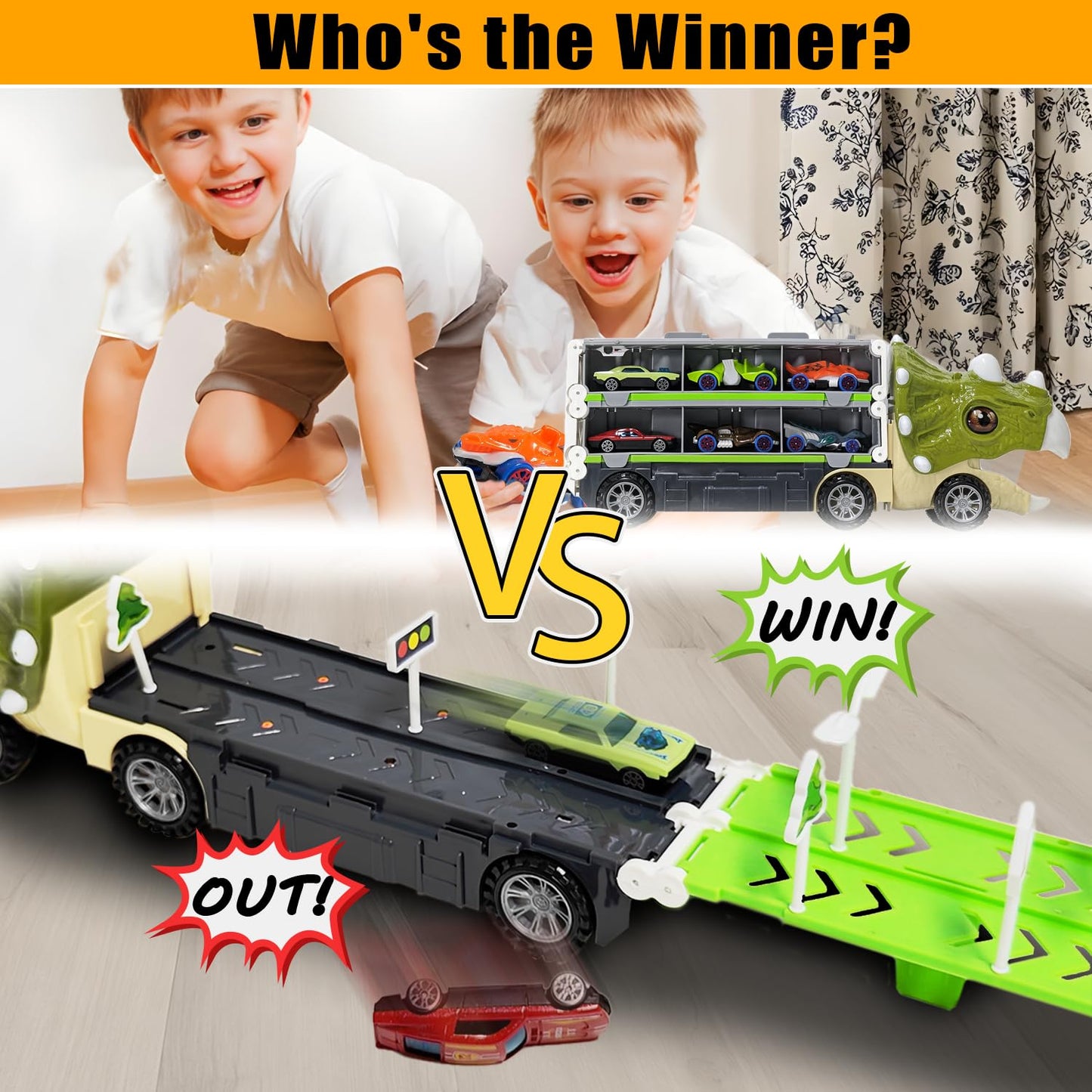 Dinosaur Toys for Kids 3-5,61 Inch Foldable Dinosaur Truck with 6 Dinosaur Cars,Dinosaur Truck Race Track with Lights & Sounds,Dinosaur Cars Set Birthday Gifts Toys for 3 4 5+ Year Old Boy and Girl