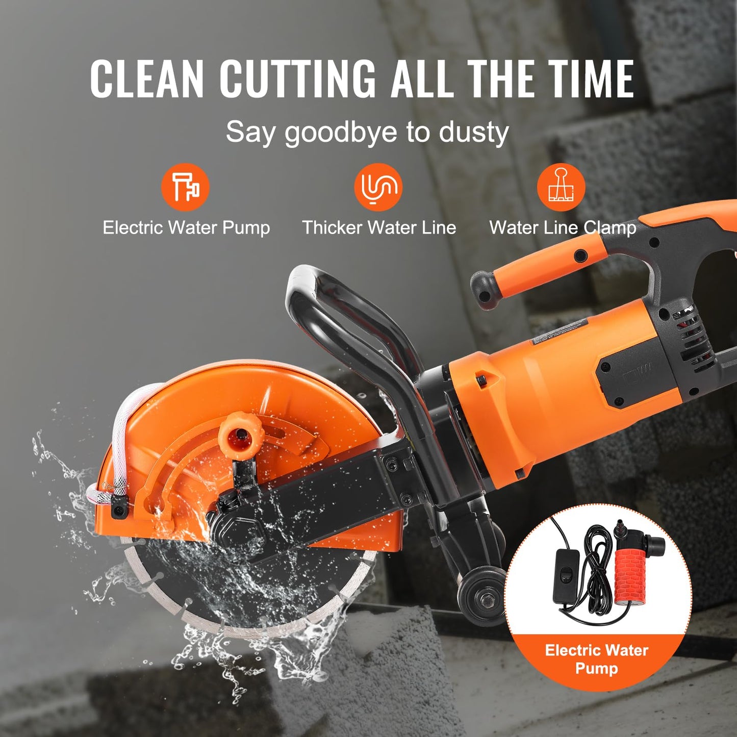 VEVOR Electric Concrete Saw, 9 in Circular Saw Cutter with 3.5 in Cutting Depth, Wet/Dry Disk Cutter Includes Water Line, Pump and Blade, for Stone, Brick, Porcelain, Concrete, 1800W Motor