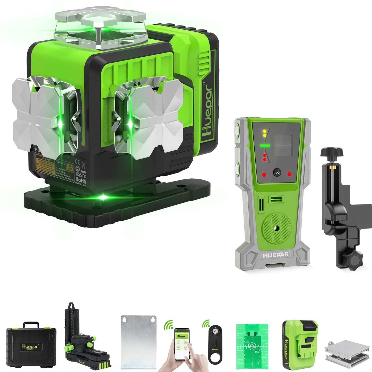 Outdoor Laser Level 360 Self leveling with Laser Level Receiver, 4x360 Green Cross Line Laser with Bluetooth, Huepar P04CG＆LR-8RG, Laser Class: Class II (IEC/EN60825-1/2014), 1mW power output