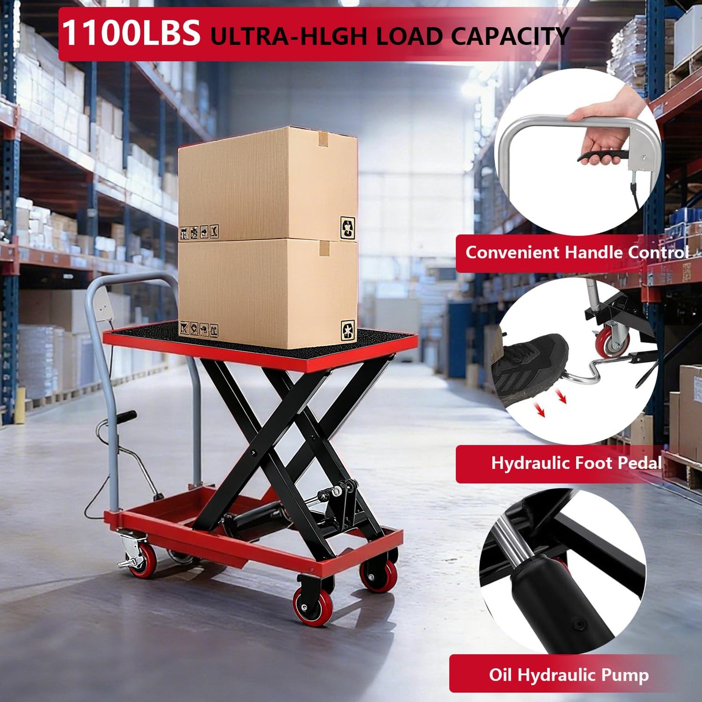 1100LBS Hydraulic Lift Table Cart, 32" Lifting Height Hydraulic Material Lift Pallet Truck with 4 Locking Wheels for Material Handling and Transportation