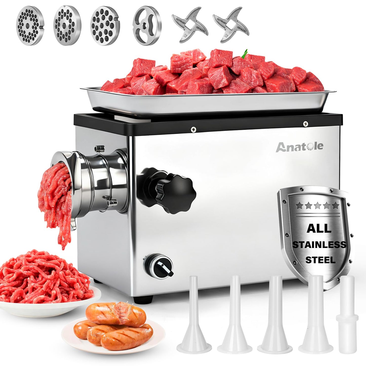 Anatole Commercial Electric Meat Grinder 1.5 HP 1100 W All Stainless Steel Meat Bones Mincer Heavy Duty Sausage Stuffer with 4 Grinding Plate 2 Blades for Restaurant Hotel 110V