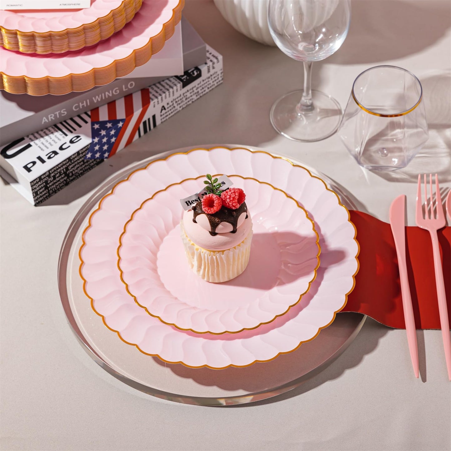 Lullaby 60PCS Pink Scalloped Plastic Plates with Gold Rim, Disposable Elegant Plates Include 30pcs Dinner Plate 10.25", 30pcs Dessert Plate 7.5", Perfect for Daily Use, Wedding and Party