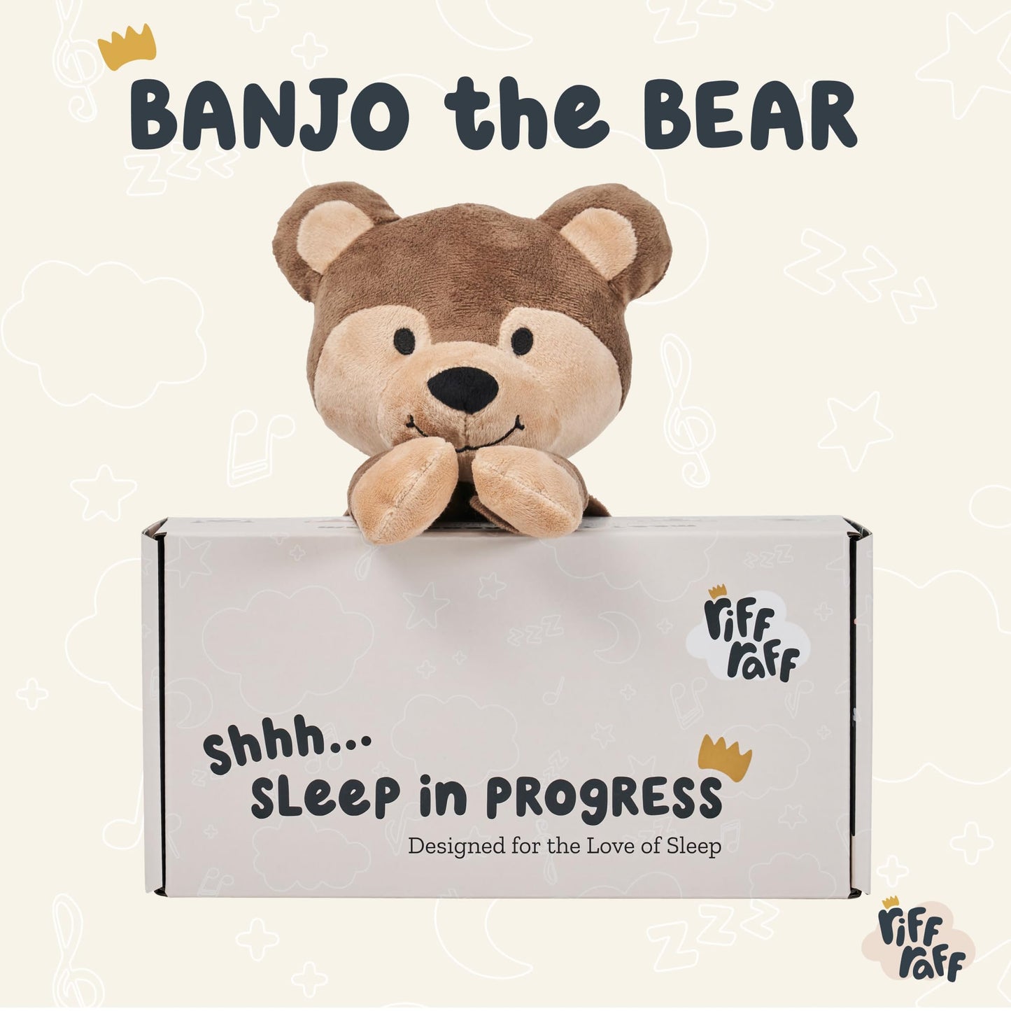 Riff Raff Bear and Fawn Sleep Soother Sleep Aid Lullaby for Newborn/Baby 0+ Months, Portable White Noise Plush Sound Machine, Heartbeat & White Noise Plush, Stuffed Animals for Babies w/Velcro Strap