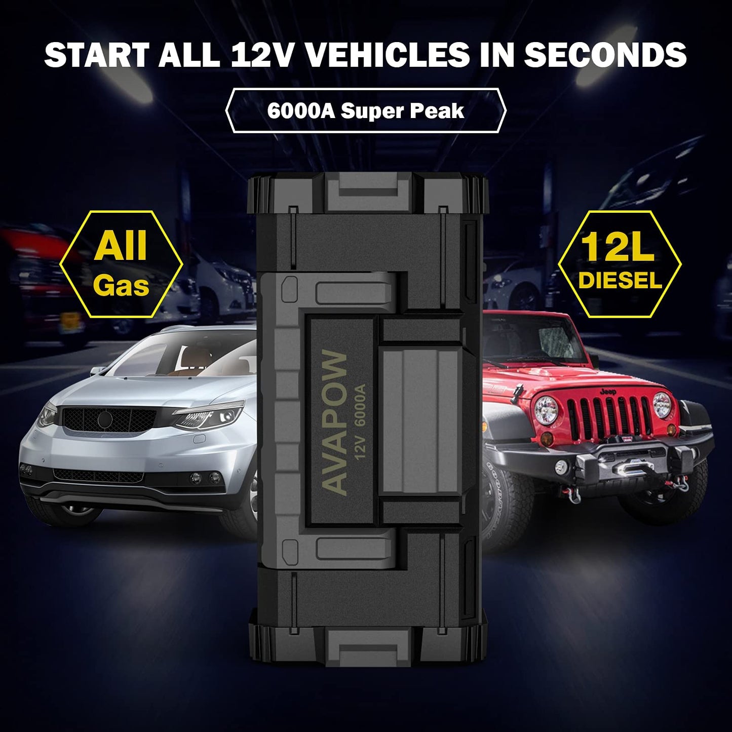 Avapow A68 Jump Starter 6000a with Avapow Wall Charger 18W for Jump Starter Charging or Phone Charging