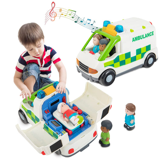 Auspint Ambulance Toy Powered Vehicle with Lights and Sounds, Rescue Role Play Set, Ambulance Set, Play and Learn Toddler Toys for 1 2 3 Year Old Boys Children Toy Truck Party Birthday Gift