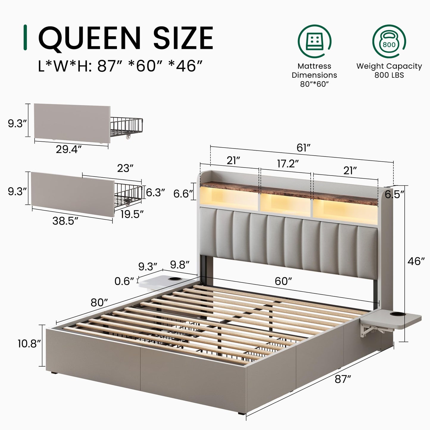 BRELTAM Queen Bed Frame with Headboard,4 Storage Drawers,and Built-in Adjustable Desk,Charging Station,Easy Assembly,No Box Spring Needed,Light Grey