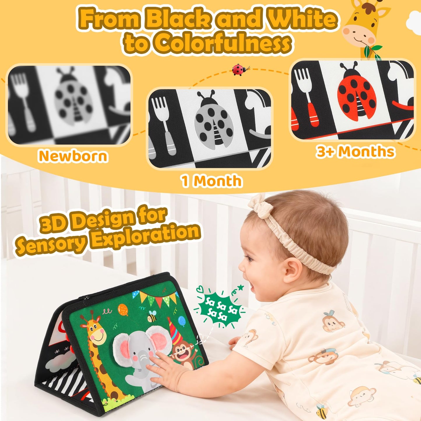 BBWOO Tummy Time Toys, Black and White High Contrast Baby Toys for Newborn, Baby Visual Stimulation Mirror, Montessori Crinkle Book for Infant 0-3-6-12 Months, Boy Girl Shower Gift