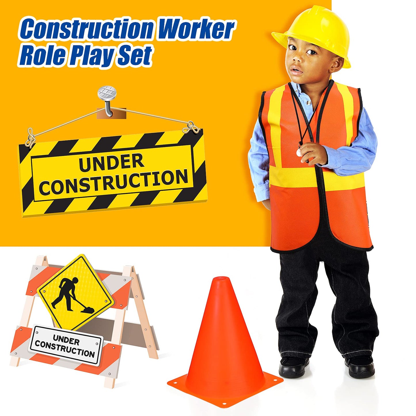 Gejoy 48 Pcs Kids Construction Birthday Party Supplies Kids Construction Hats and Vests Worker Costume Role Play Tote Bag and Traffic Cones for Excavator Dress up Cosplay Party Decorations