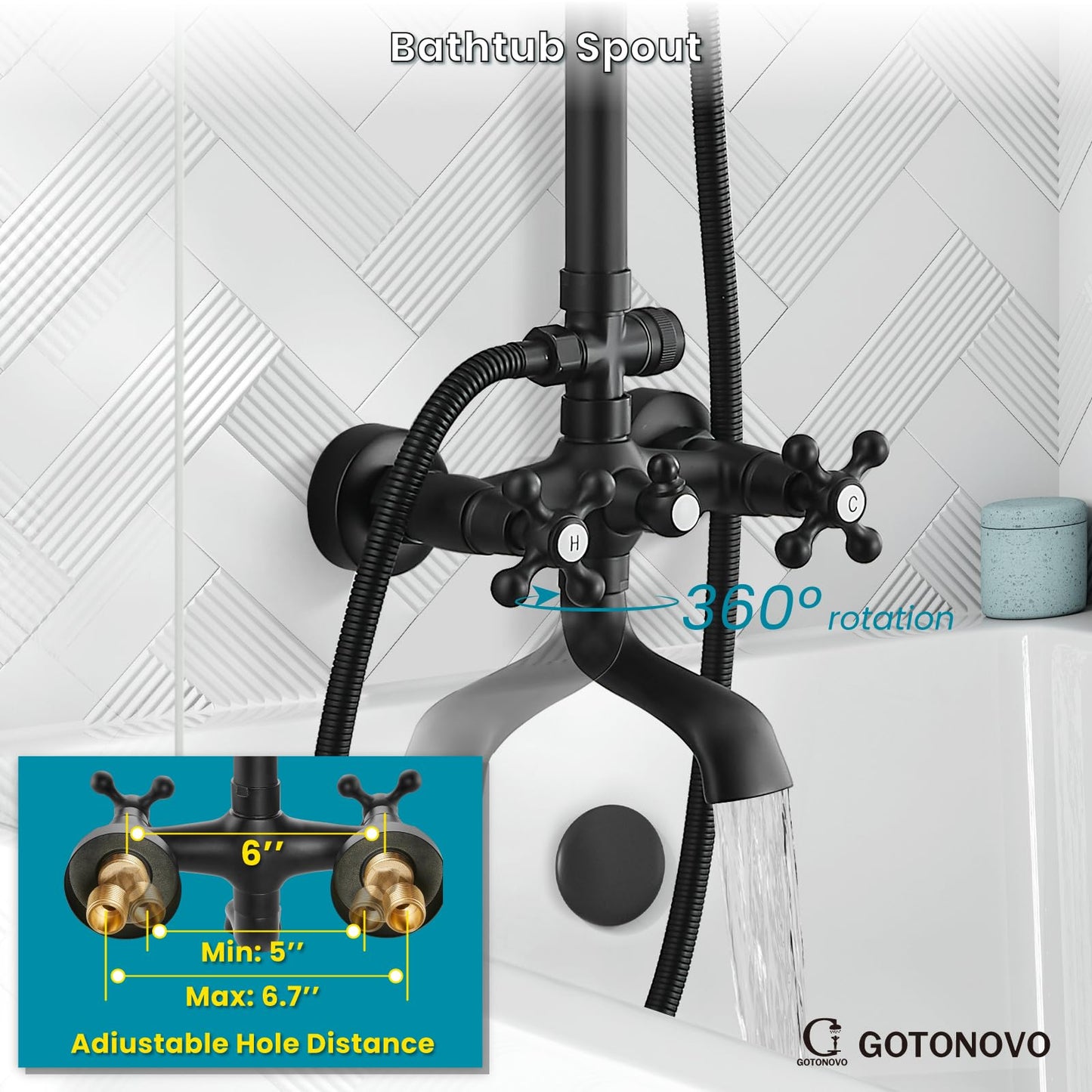 gotonovo Exposed Shower Faucet Set 8 Inch Rainfall Showerhead 3-Function Shower Fixture with Tub Spout 2 Corss Handles Shower System, Matte Black