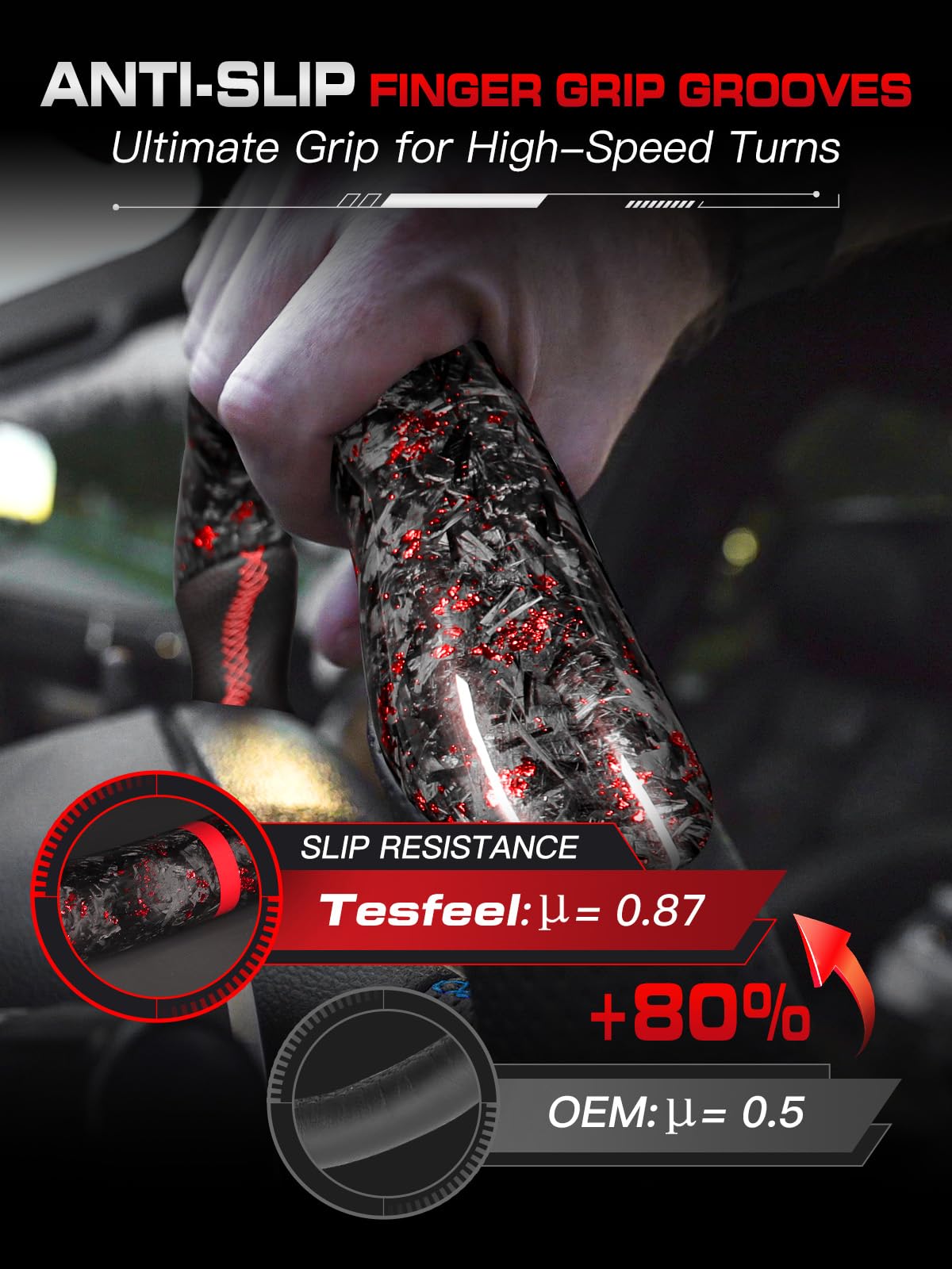 TESFEEL LED Forged Carbon Fiber Steering Wheel for Ford Mustang 2018-2023, Red Flakes, D-Shape Flat Bottom, Nappa Leather with Red Stripe & Stitching, Fits for EcoBoost, GT, GT350 & GT350R