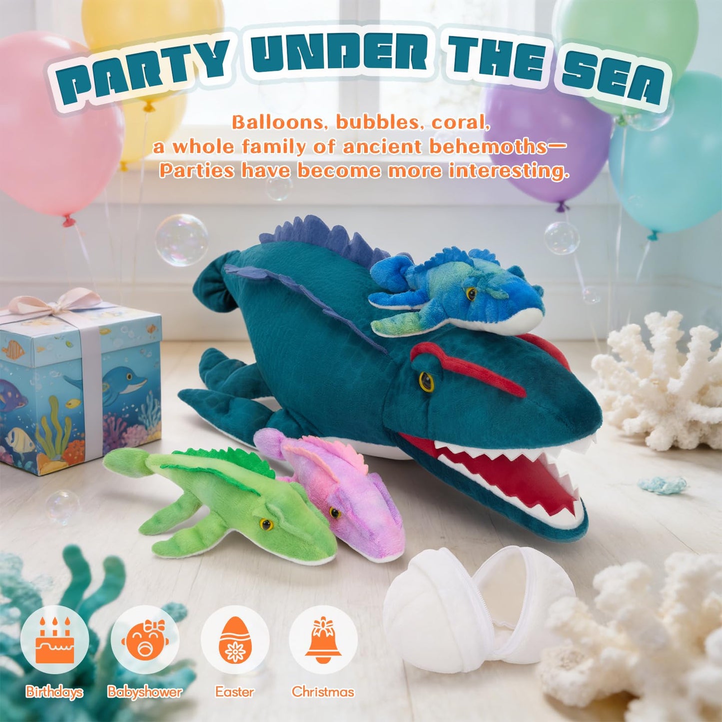 Karister Blue Dinosaur Stuffed Animal,Giant Dinosaur Plush Toy,Mommy Dino with Babies & Egg, Soft Mosasaur Plushie,Realistic Dinos Stuffy,Gifts for Kids Boys Girls Easter Christmas Birthday