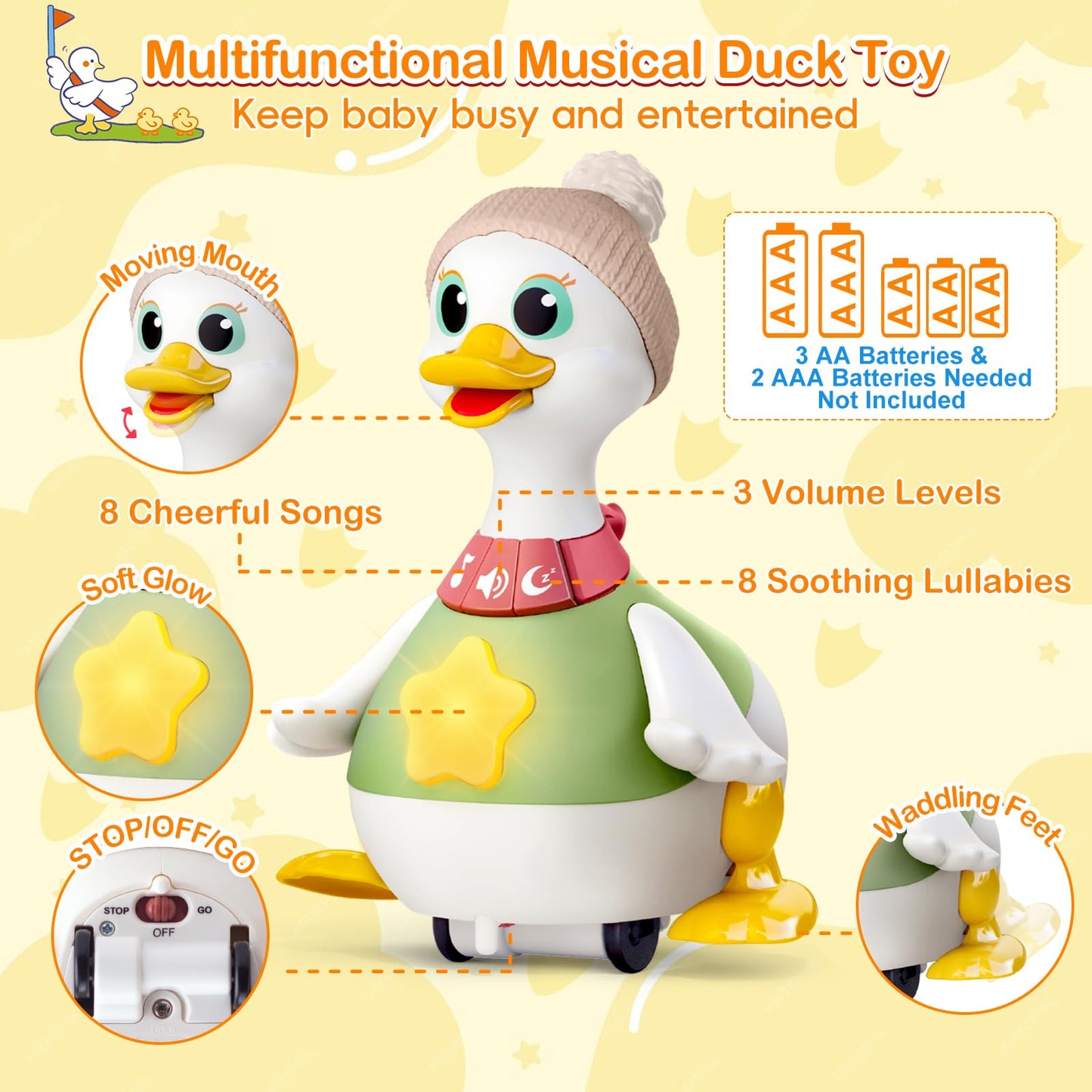 Sinpedex Musical Crawling Duck Baby Toys for 6-12 Months : Interactive Sensory Toy with Waddling & Calming Light for Tummy Time, Bedtime & Motor Skills | BPA-Free Infant Gift for 1 Year Old Boy Girl