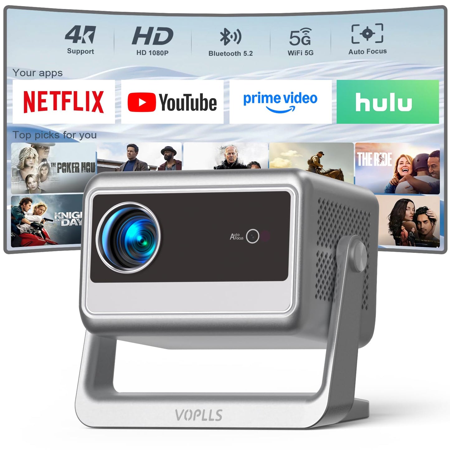 【Officially-Licensed APP & 2000 ANSI】4K Smart Projector with WiFi and Bluetooth, VOPLLS Auto Focus Portable Outdoor Projector, Movie Home Theater Proyector Adjustable Stand