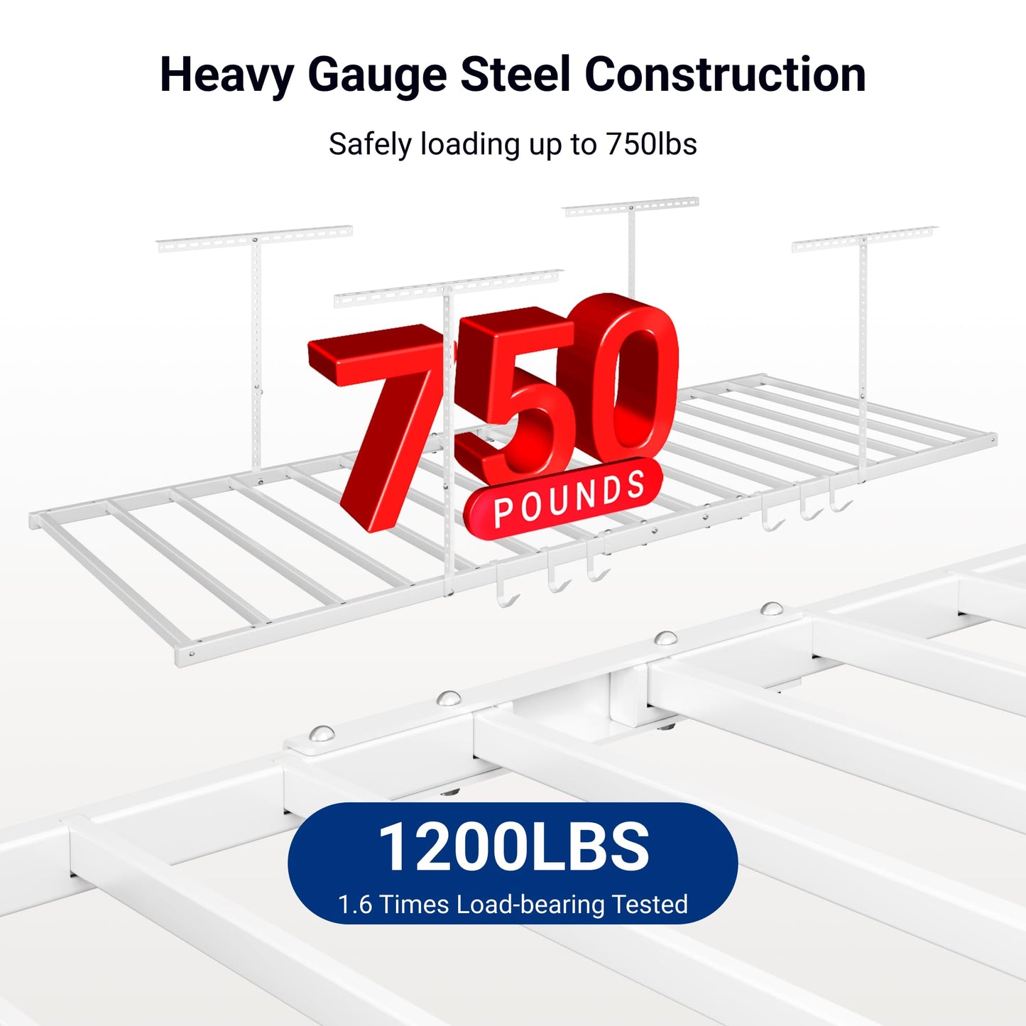FLEXIMOUNTS 4x8 Overhead Garage Storage Rack with 6 Hooks, Adjustable Storage Organization System, Heavy-Duty Metal Ceiling Racks, 22.6" -39.4" Ceiling Dropdown, Lite Series